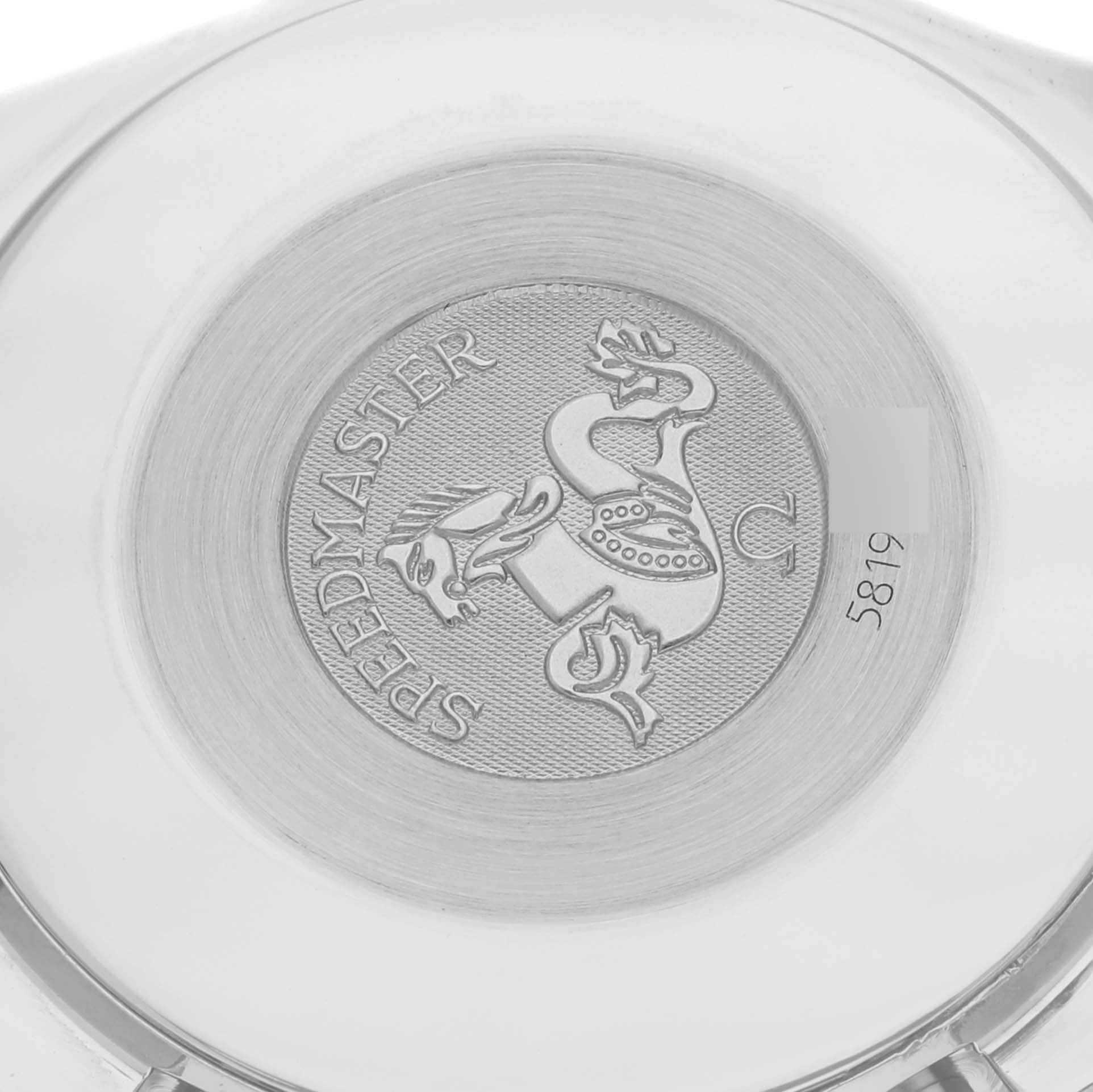 The image shows the case back of an Omega Speedmaster 3502.73.00 Men's Stainless Steel Mother of Pearl Dial 3502.73.00 Men's Stainless Steel Mother of Pearl Dial watch featuring the engraved logo and model name.