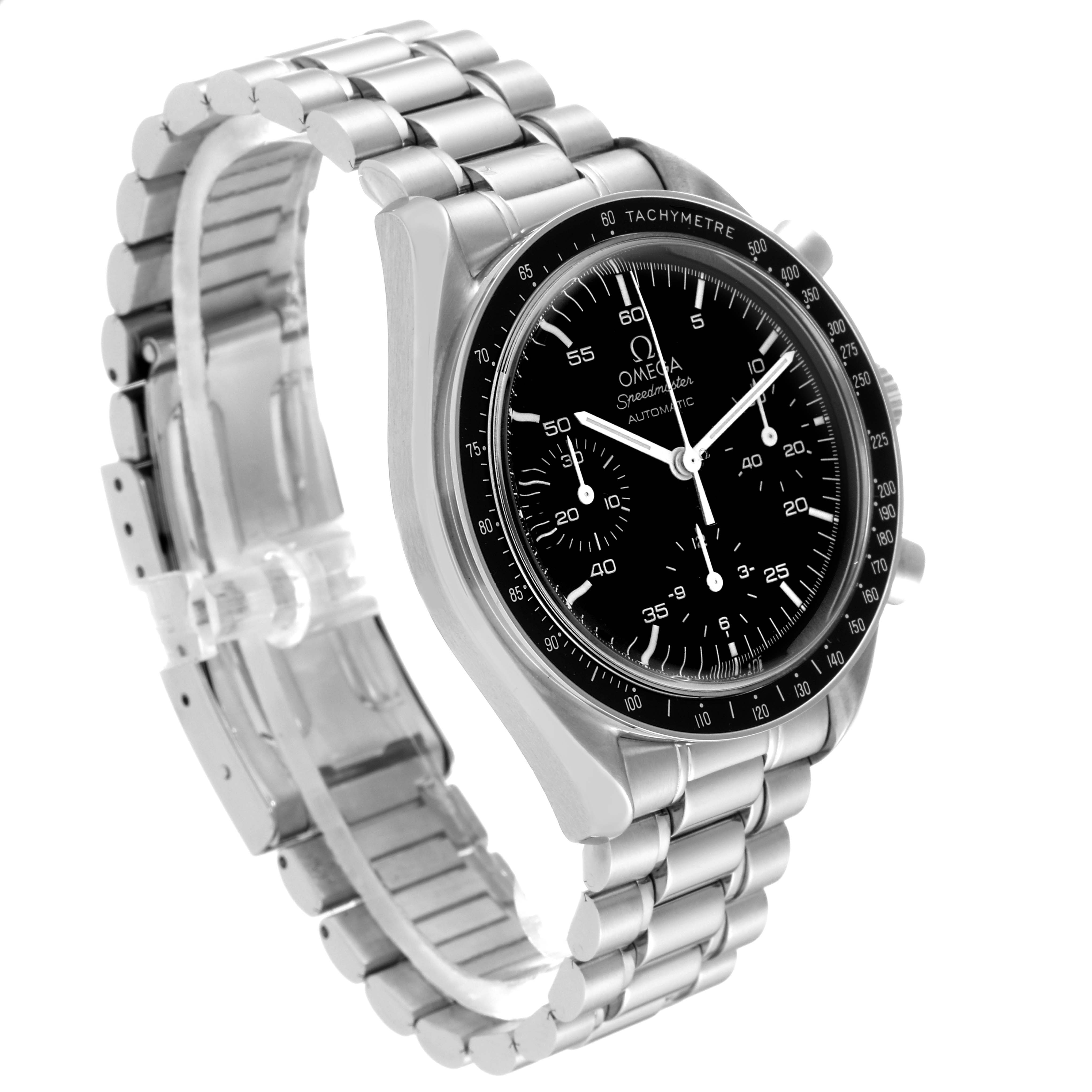This image shows an Omega Speedmaster 3510.50.00 Men
s Stainless Steel Black Dial 3510.50.00 Men
s Stainless Steel Black Dial watch at a three-quarter angle, highlighting the face, bezel, and metal bracelet.