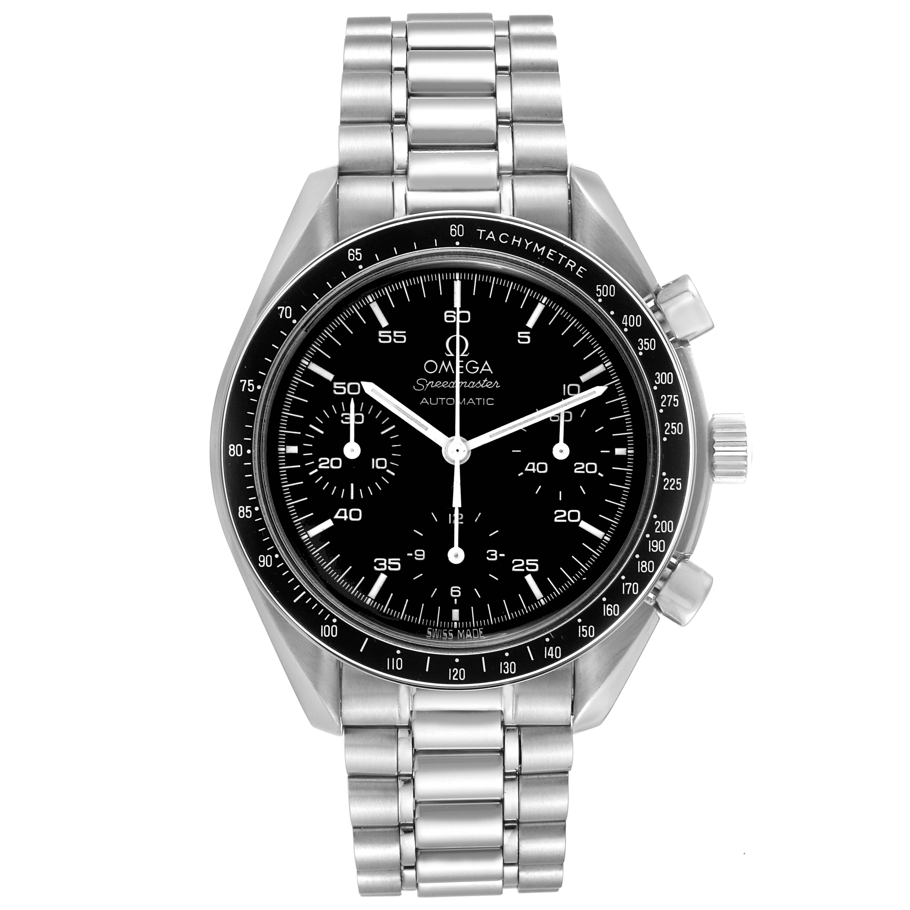 This image shows a frontal view of an Omega Speedmaster 3510.50.00 Men
s Stainless Steel Black Dial 3510.50.00 Men
s Stainless Steel Black Dial watch, highlighting its face, dials, and metal bracelet.