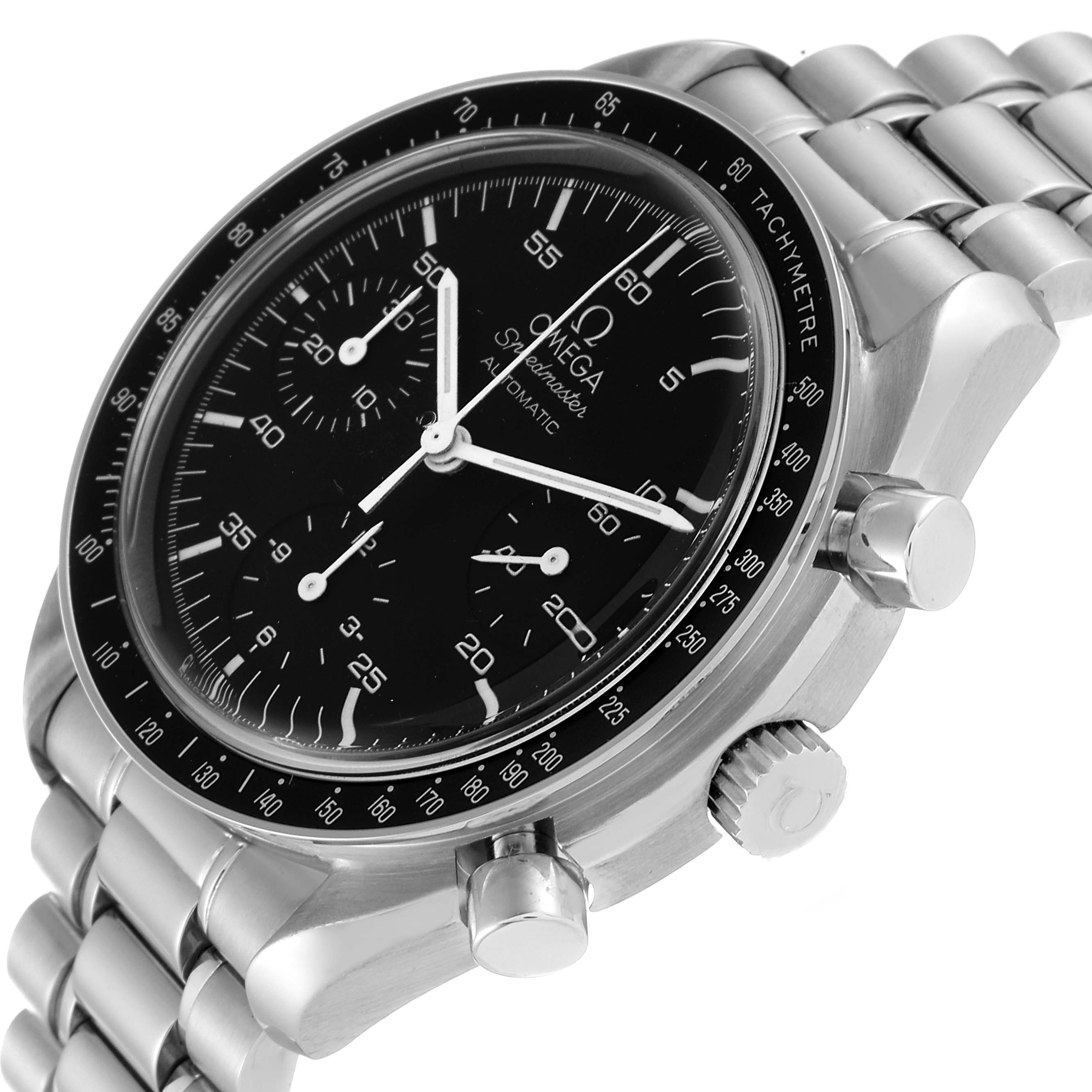 The image shows the Omega Speedmaster 3510.50.00 Men
s Stainless Steel Black Dial 3510.50.00 Men
s Stainless Steel Black Dial watch at an angled view, highlighting the face, tachymeter bezel, crown, pushers, and metal bracelet.
