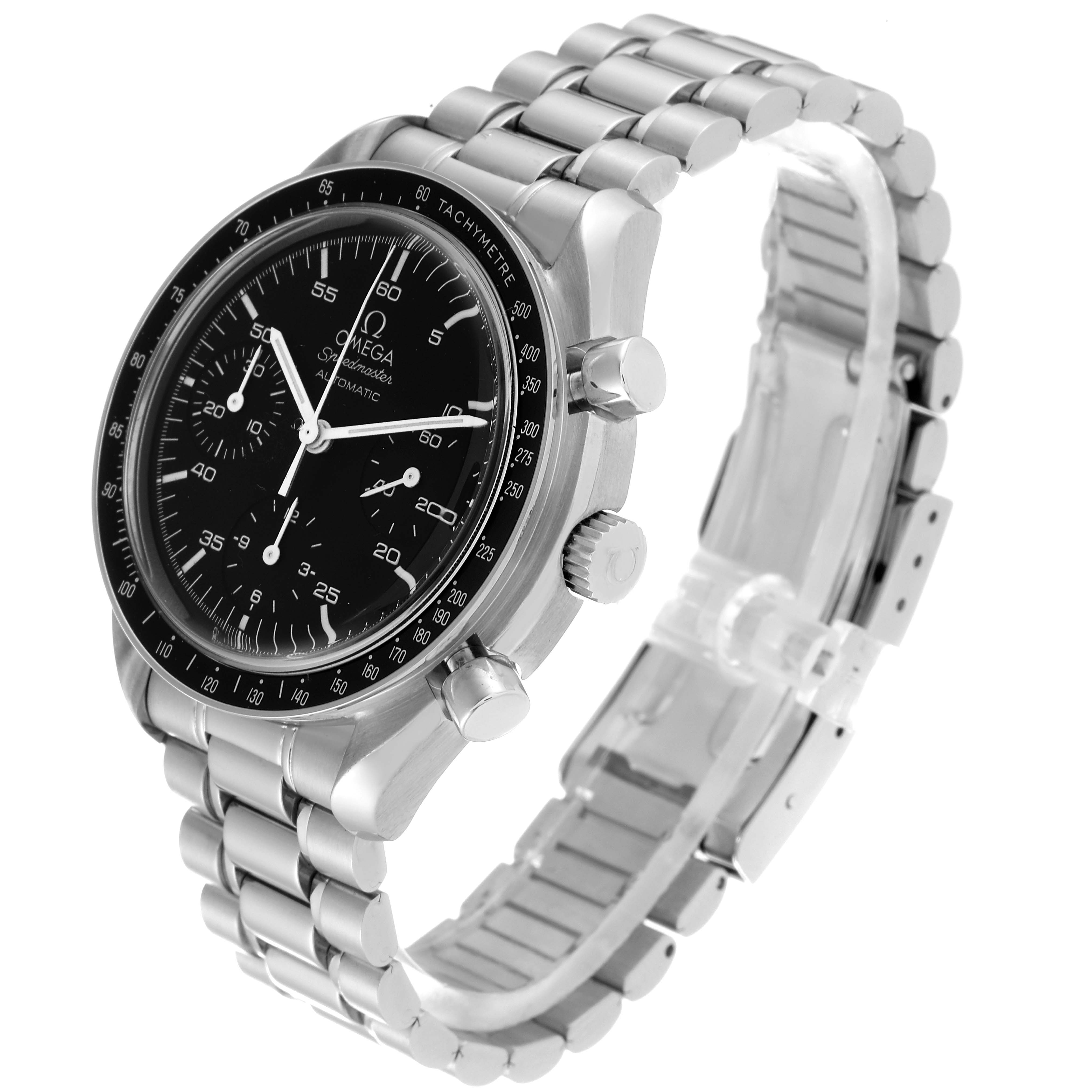 The Omega Speedmaster 3510.50.00 Men
s Stainless Steel Black Dial 3510.50.00 Men
s Stainless Steel Black Dial watch is shown at a three-quarter angle, displaying its face, crown, pushers, and stainless steel bracelet.