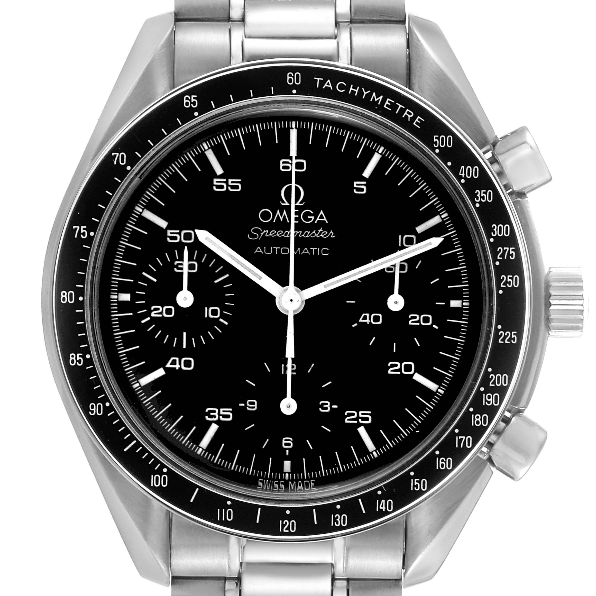 This image shows a close-up of the dial and bezel of the Omega Speedmaster 3510.50.00 Men
s Stainless Steel Black Dial 3510.50.00 Men
s Stainless Steel Black Dial watch, highlighting its chronograph subdials and tachymeter.