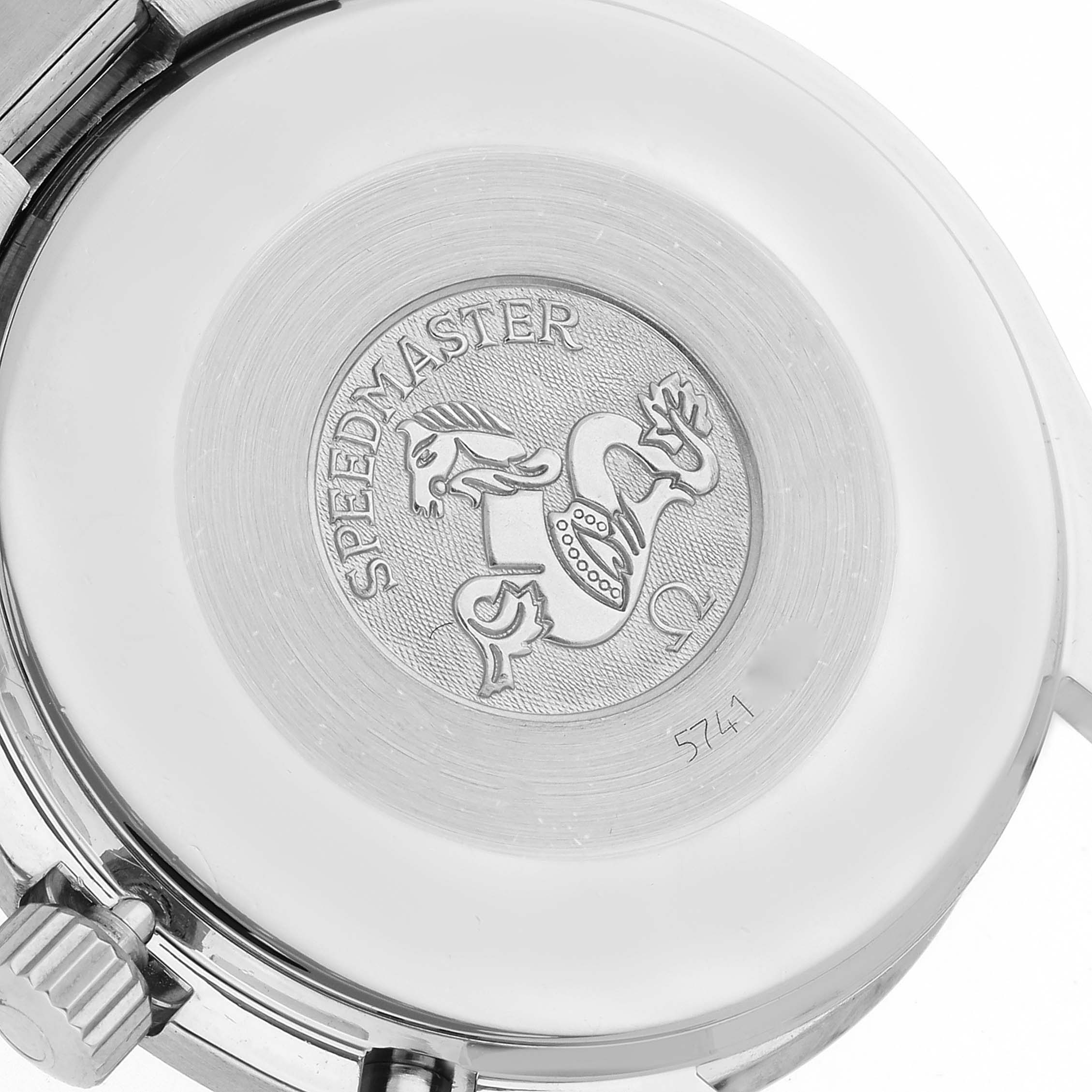 The image shows the back case of an Omega Speedmaster 3510.50.00 Men
s Stainless Steel Black Dial 3510.50.00 Men
s Stainless Steel Black Dial watch, featuring the engraved logo and model name.