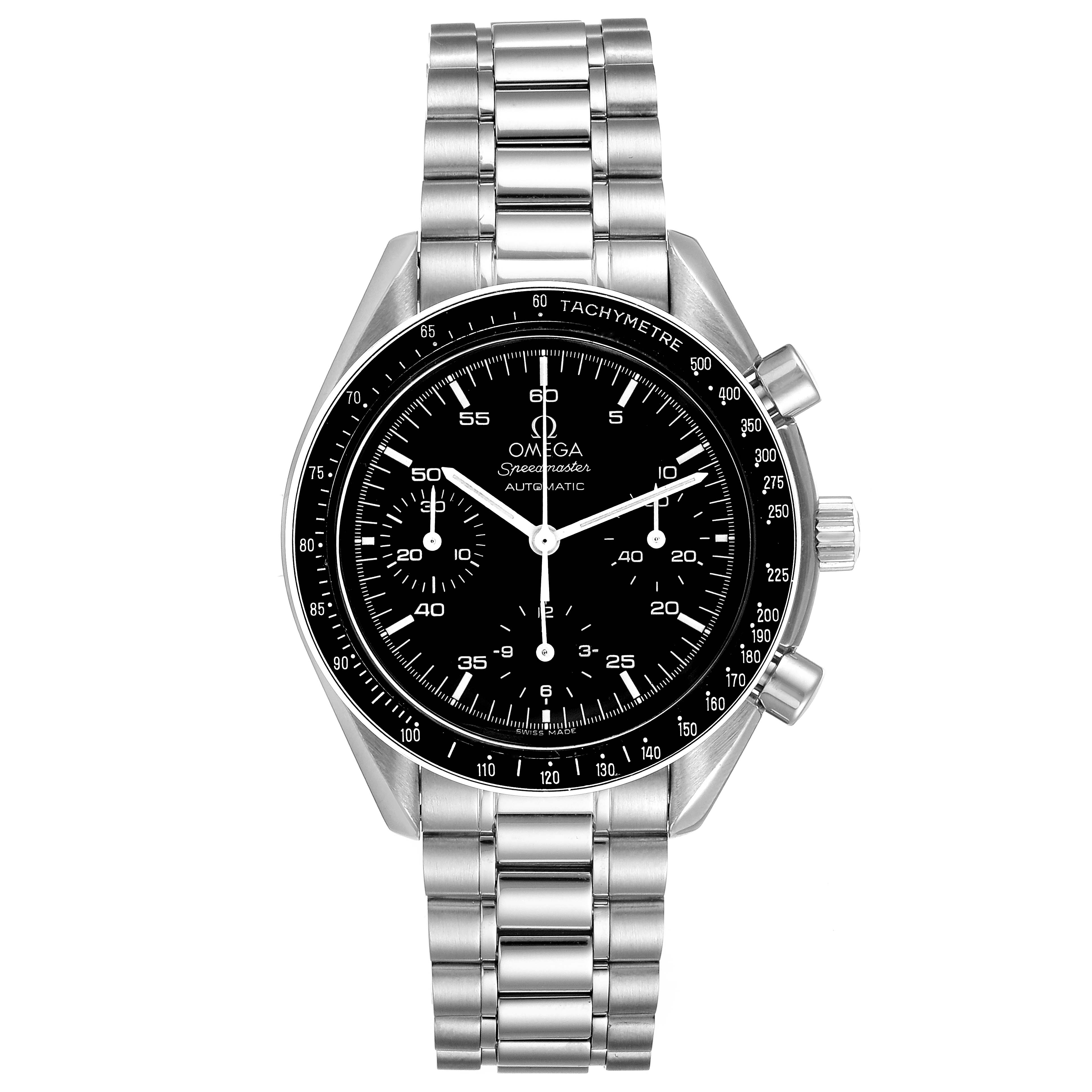 This image shows a frontal view of the Omega Speedmaster 3510.50.00 Men
s Stainless Steel Black Dial 3510.50.00 Men
s Stainless Steel Black Dial, highlighting its black dial, tachymeter bezel, and stainless steel bracelet.