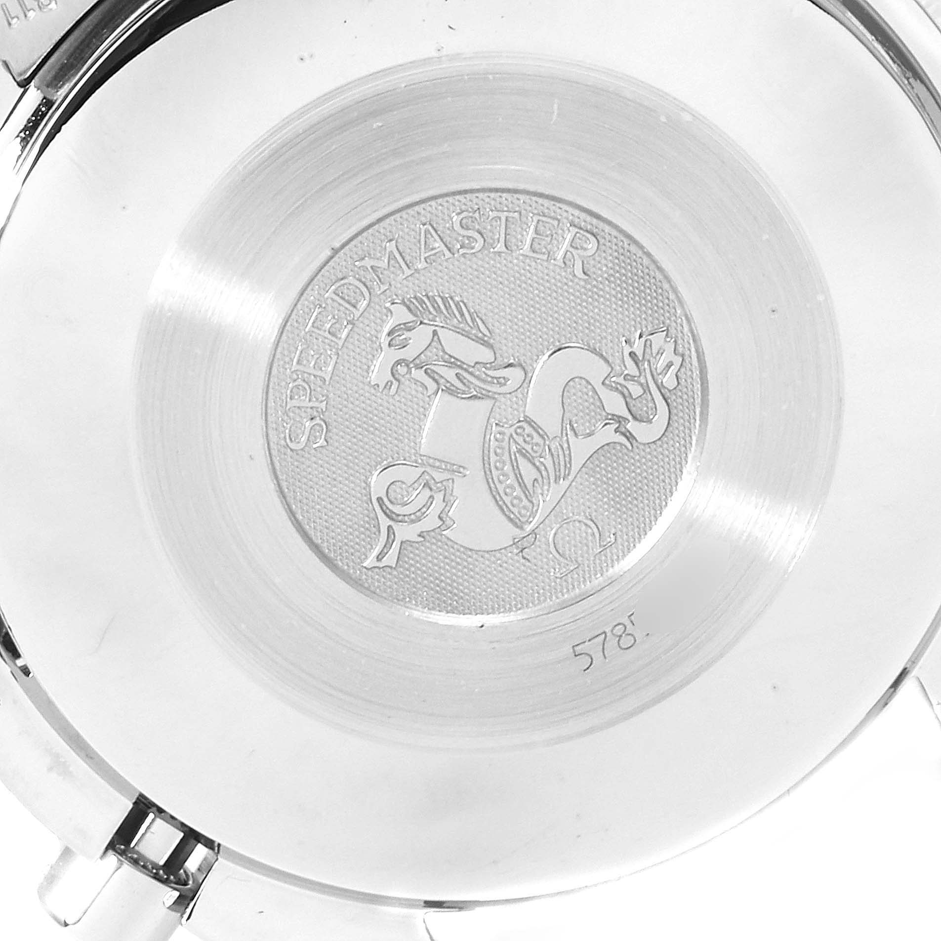 The image shows the case back of an Omega Speedmaster 3510.50.00 Men
s Stainless Steel Black Dial 3510.50.00 Men
s Stainless Steel Black Dial watch, featuring the engraved logo and "Speedmaster" text.