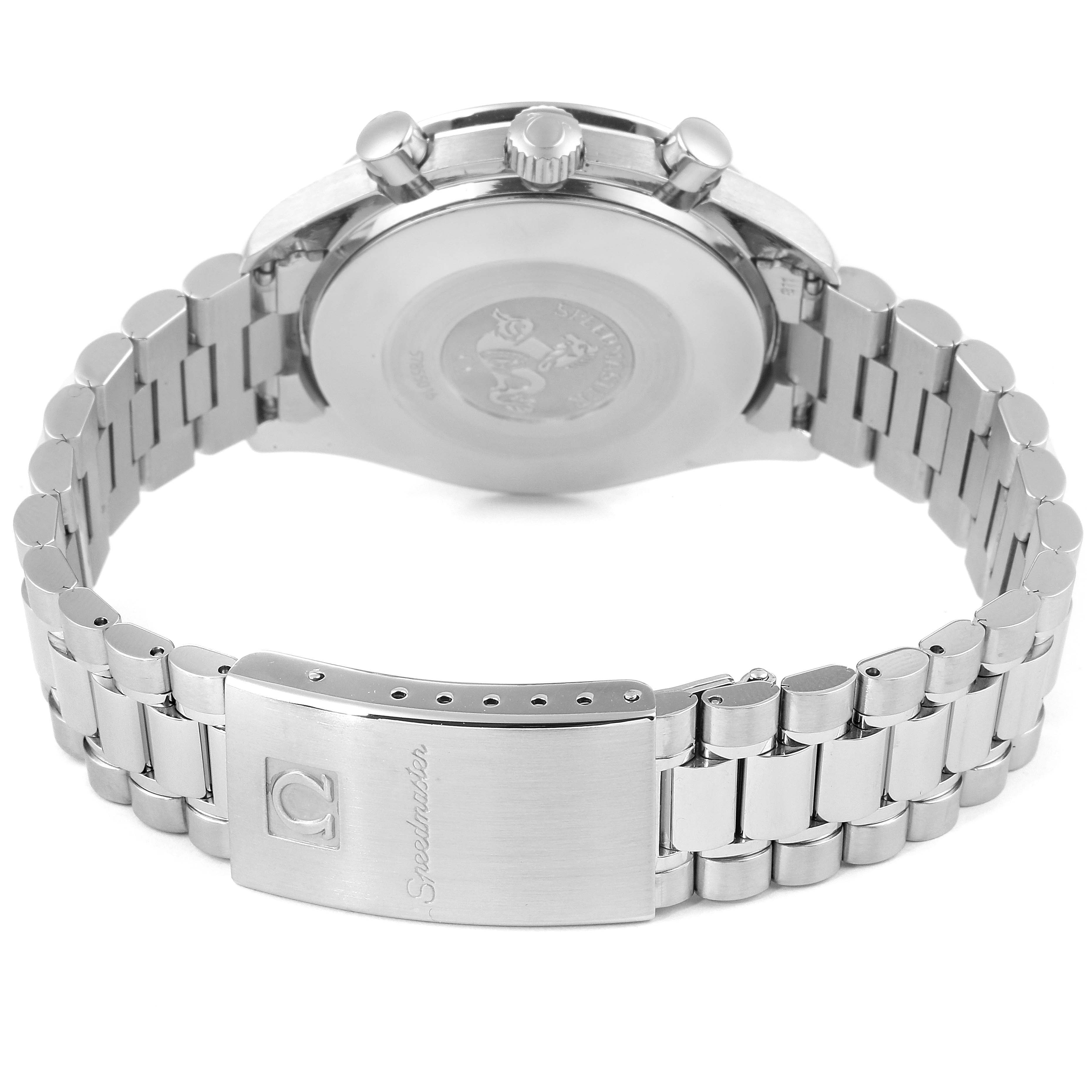 The image shows the backside and bracelet clasp of an Omega Speedmaster 3510.50.00 Men
s Stainless Steel Black Dial 3510.50.00 Men
s Stainless Steel Black Dial watch.