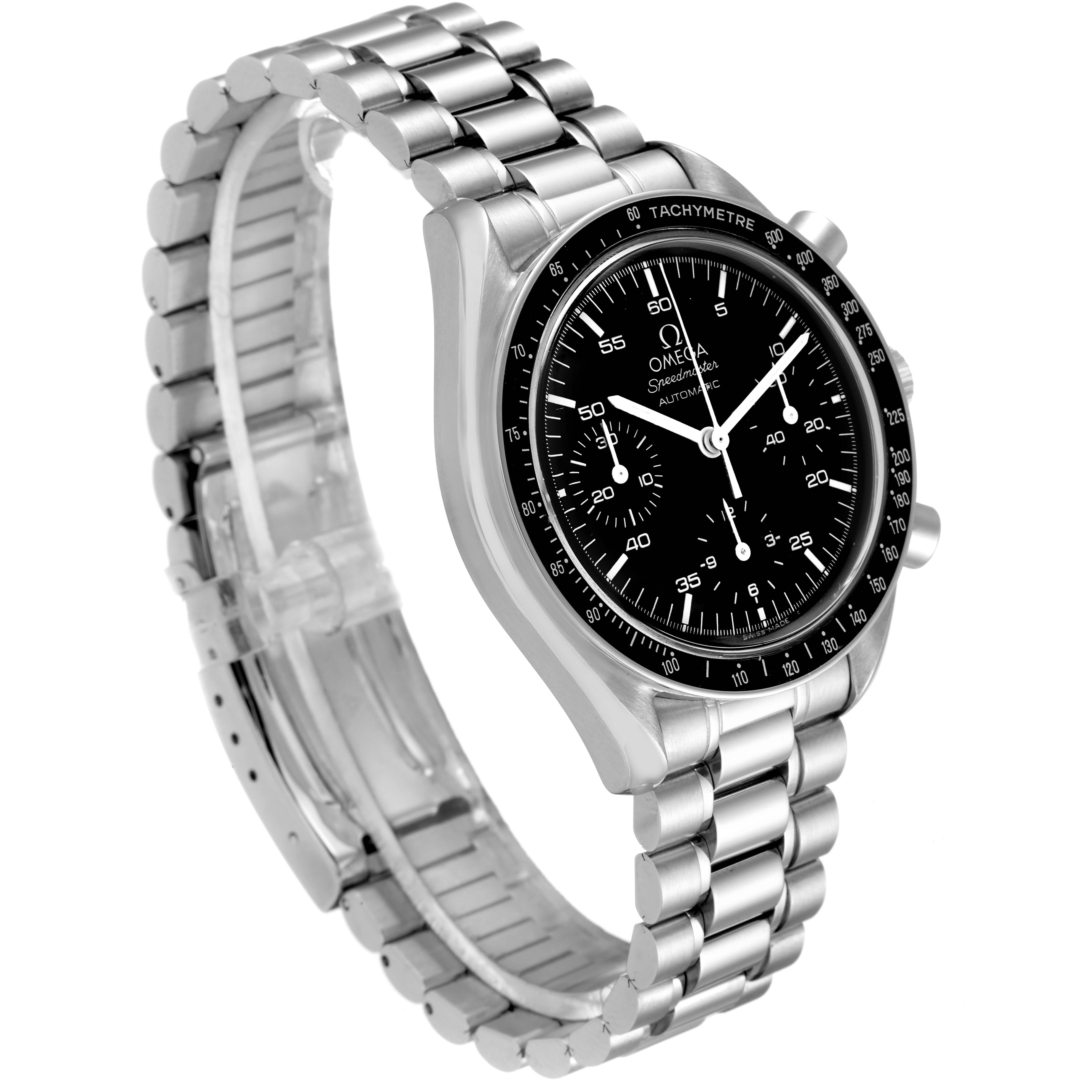 The image shows an Omega Speedmaster 3510.50.00 Men
s Stainless Steel Black Dial 3510.50.00 Men
s Stainless Steel Black Dial watch at a three-quarter angle, highlighting its face, bezel, and metal bracelet.