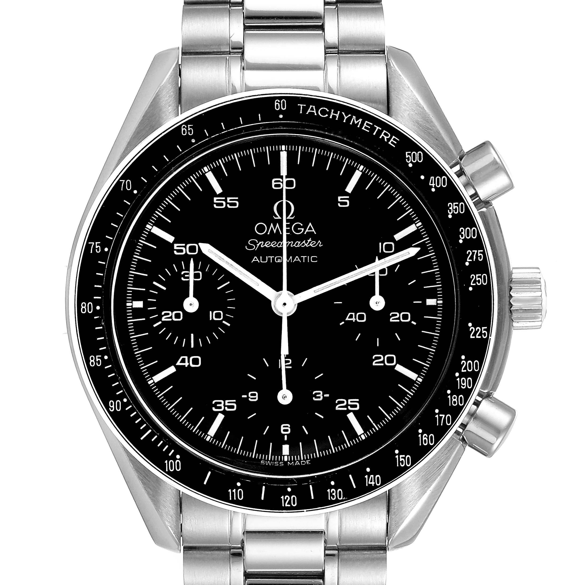 The image shows a frontal view of the Omega Speedmaster 3510.50.00 Men
s Stainless Steel Black Dial 3510.50.00 Men
s Stainless Steel Black Dial watch, highlighting the dial, sub-dials, tachymeter bezel, and stainless steel bracelet.