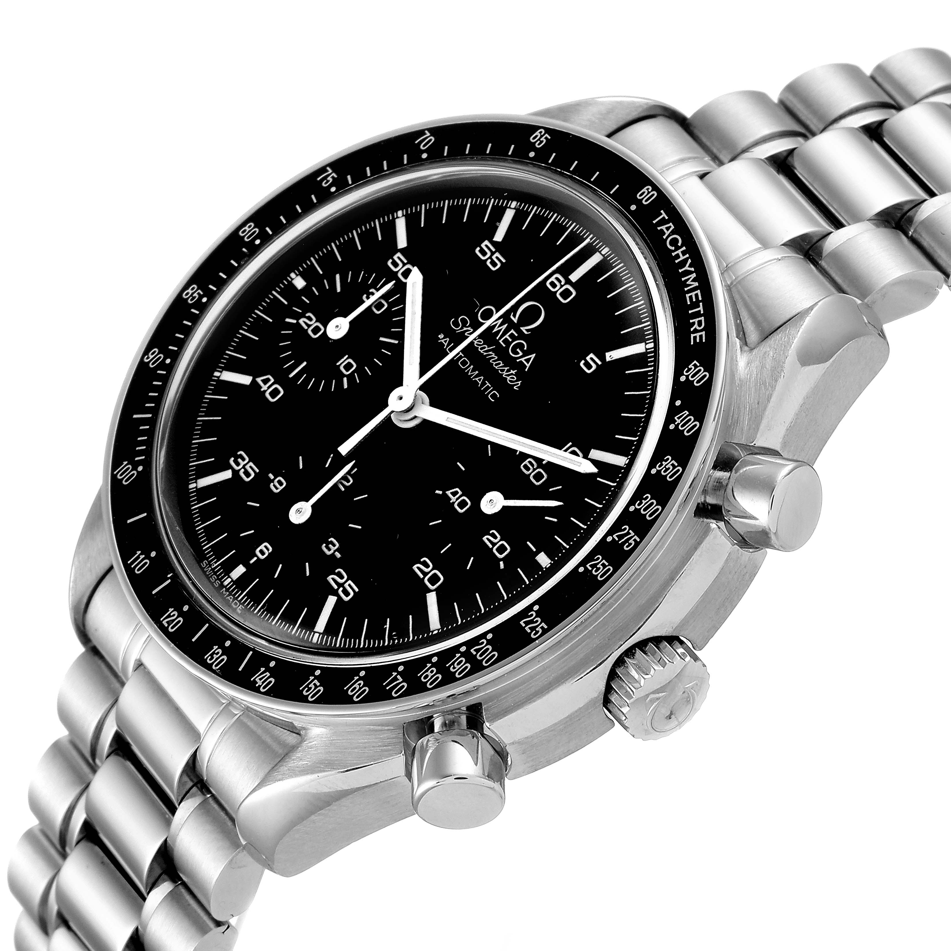 This is a close-up, angled view of the Omega Speedmaster 3510.50.00 Men
s Stainless Steel Black Dial 3510.50.00 Men
s Stainless Steel Black Dial watch showing the dial, bezel, crown, and part of the bracelet.