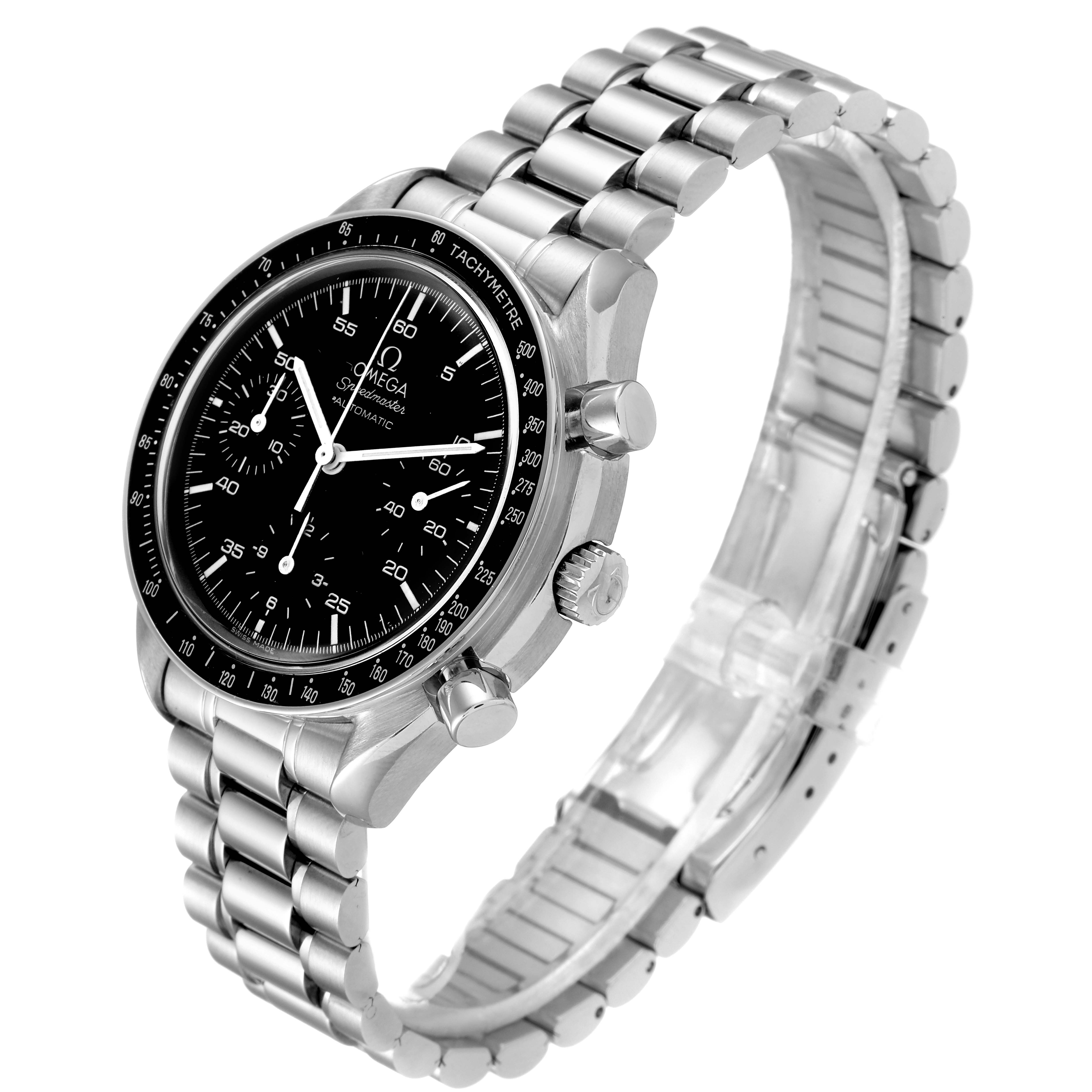 The Omega Speedmaster 3510.50.00 Men
s Stainless Steel Black Dial 3510.50.00 Men
s Stainless Steel Black Dial watch is shown at a three-quarter angle, highlighting the dial, bezel, pushers, crown, and metal bracelet.