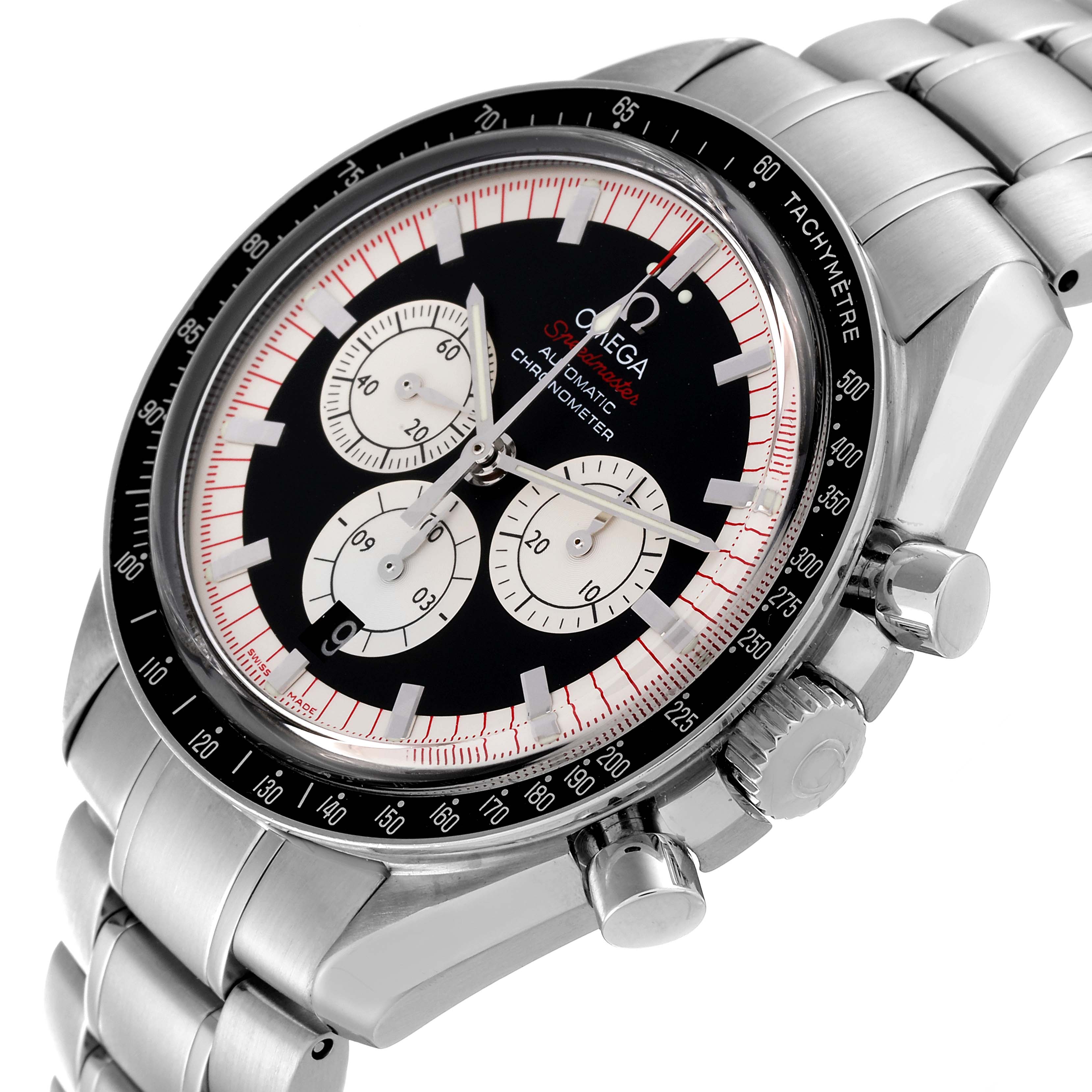 The image shows an angled view of the Omega Speedmaster 3507.51.00 Men's Stainless Steel Black Dial 3507.51.00 Men's Stainless Steel Black Dial watch, highlighting its dial, bezel, chronograph subdials, and stainless steel bracelet.