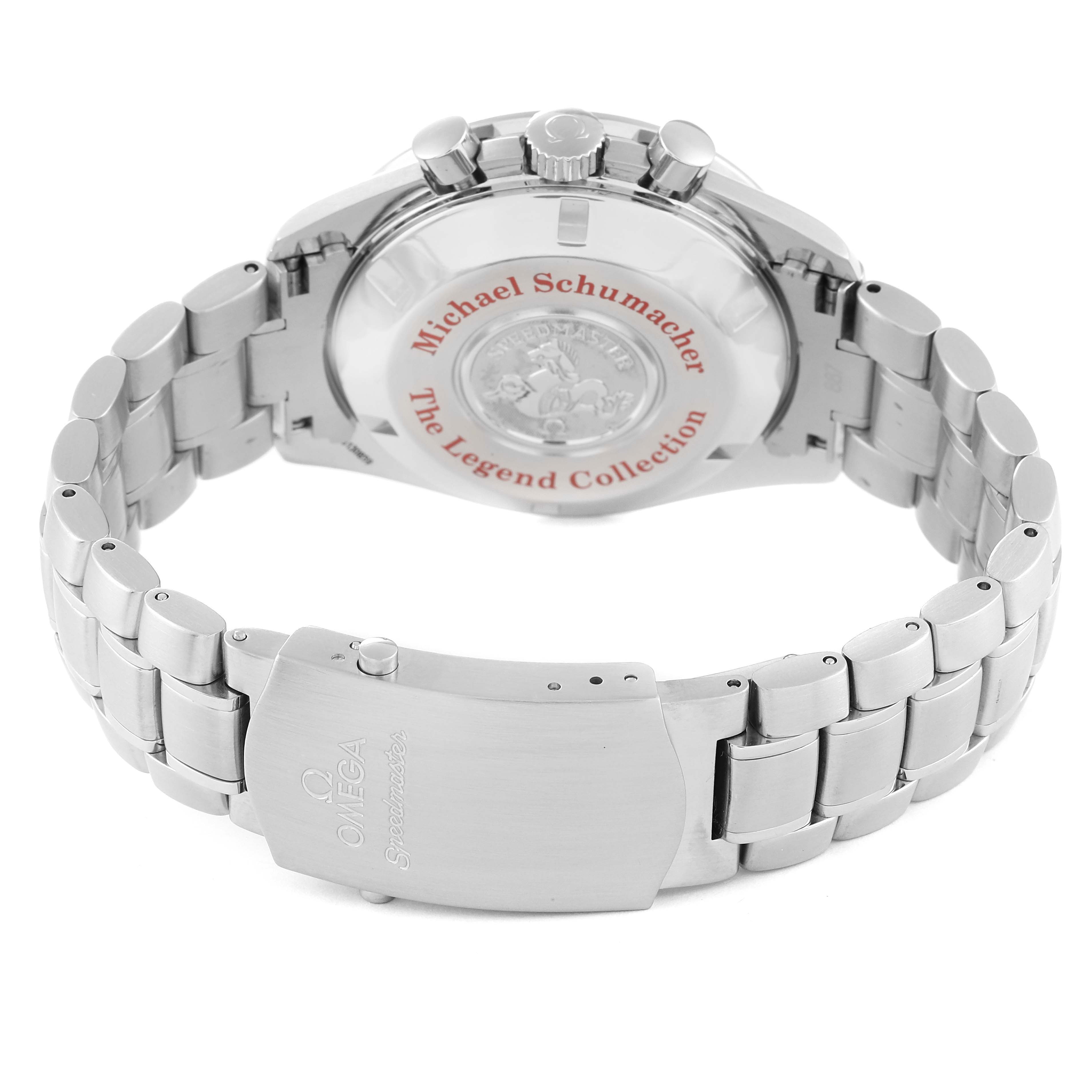 This image shows the back view of an Omega Speedmaster 3507.51.00 Men's Stainless Steel Black Dial 3507.51.00 Men's Stainless Steel Black Dial watch, highlighting the detail on the case back and the metal bracelet with the clasp.