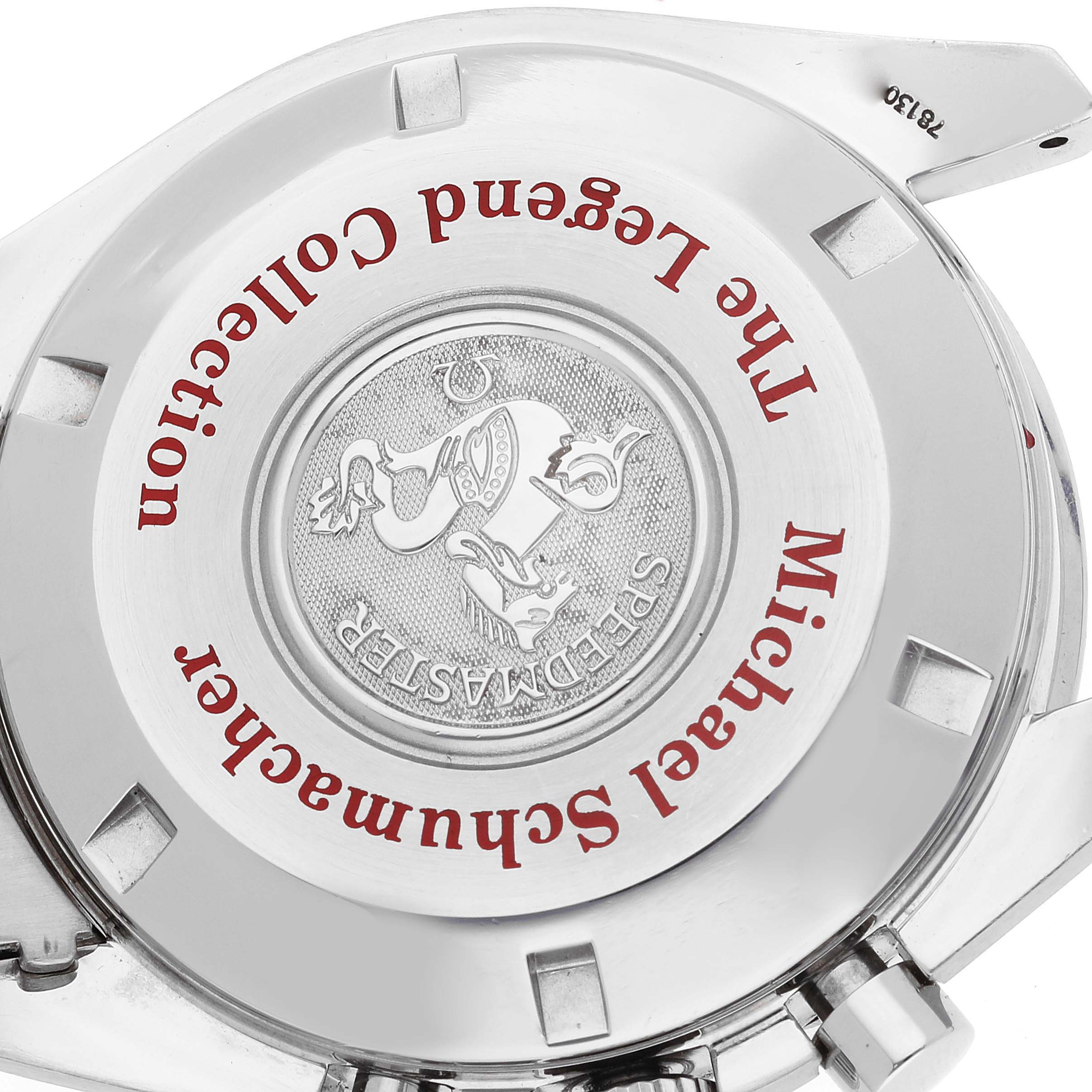 This image shows the case back of an Omega Speedmaster 3507.51.00 Men's Stainless Steel Black Dial 3507.51.00 Men's Stainless Steel Black Dial watch with the "Michael Schumacher The Legend Collection" engraving.