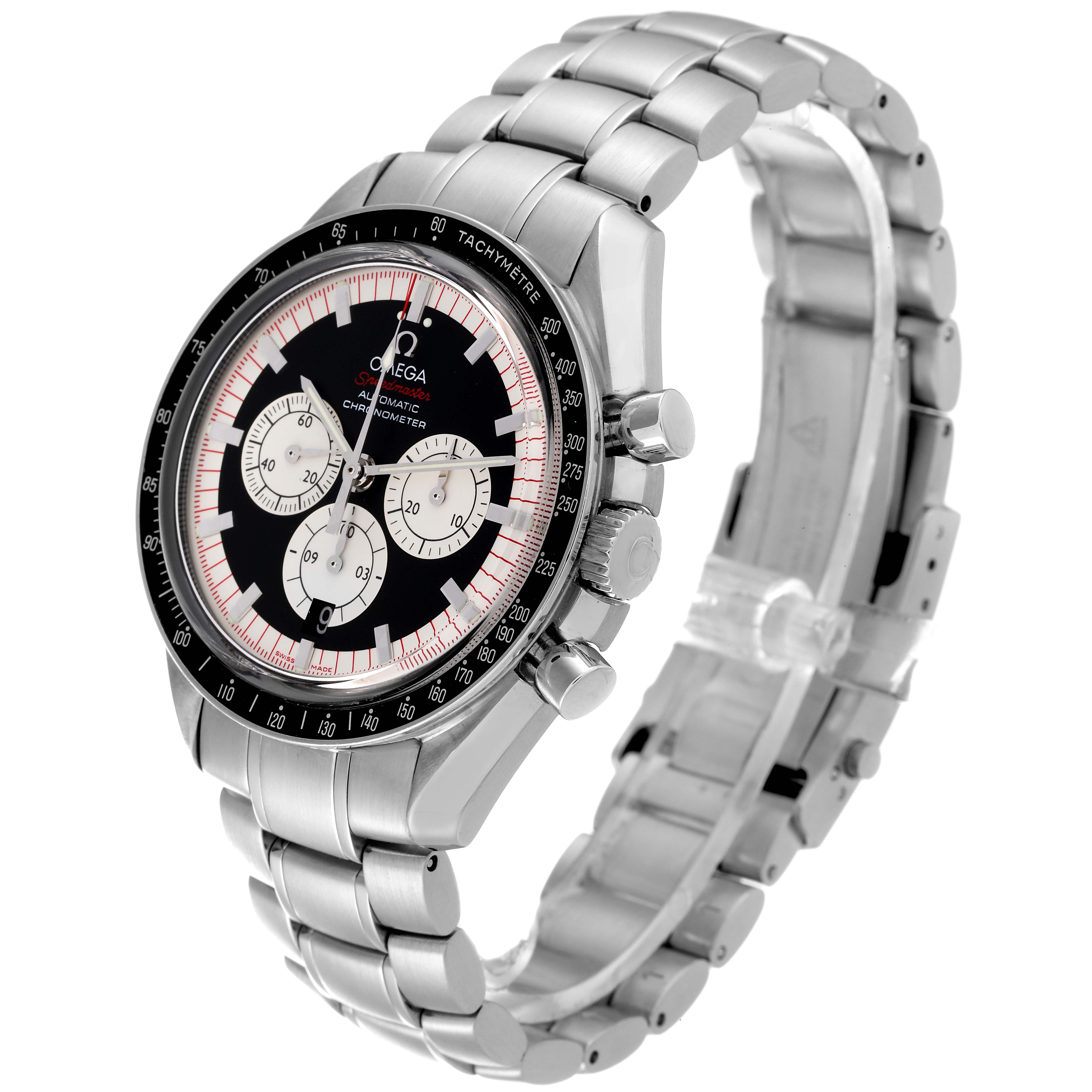 The Omega Speedmaster 3507.51.00 Men's Stainless Steel Black Dial 3507.51.00 Men's Stainless Steel Black Dial watch is shown at an oblique angle, highlighting the dial, chronograph, bezel, and metal bracelet.