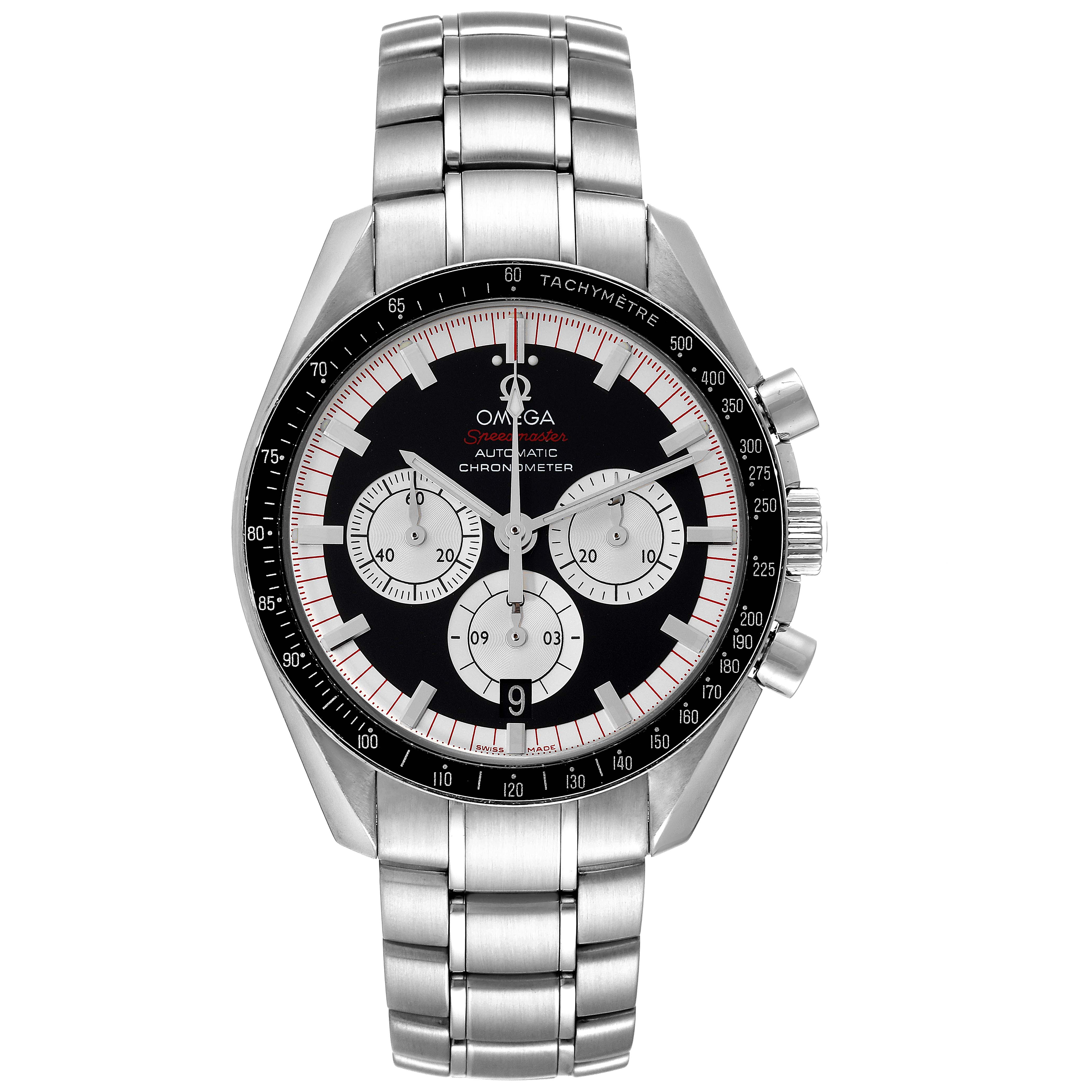 Front view of the Omega Speedmaster 3507.51.00 Men's Stainless Steel Black Dial 3507.51.00 Men's Stainless Steel Black Dial watch showing the face, bezel, crown, pushers, and stainless steel bracelet.