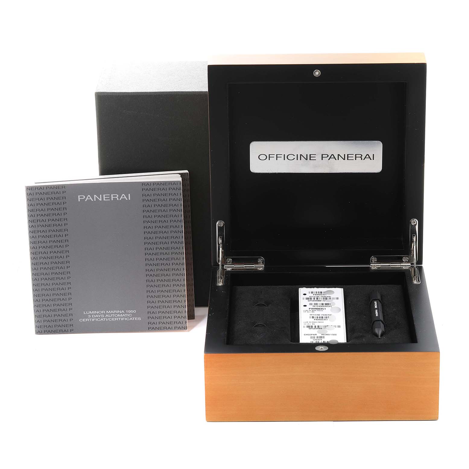 The image shows an open Panerai Luminor PAM00351 Men's Titanium Brown Dial PAM00351 Men's Titanium Brown Dial watch box with a booklet and watch accessories.