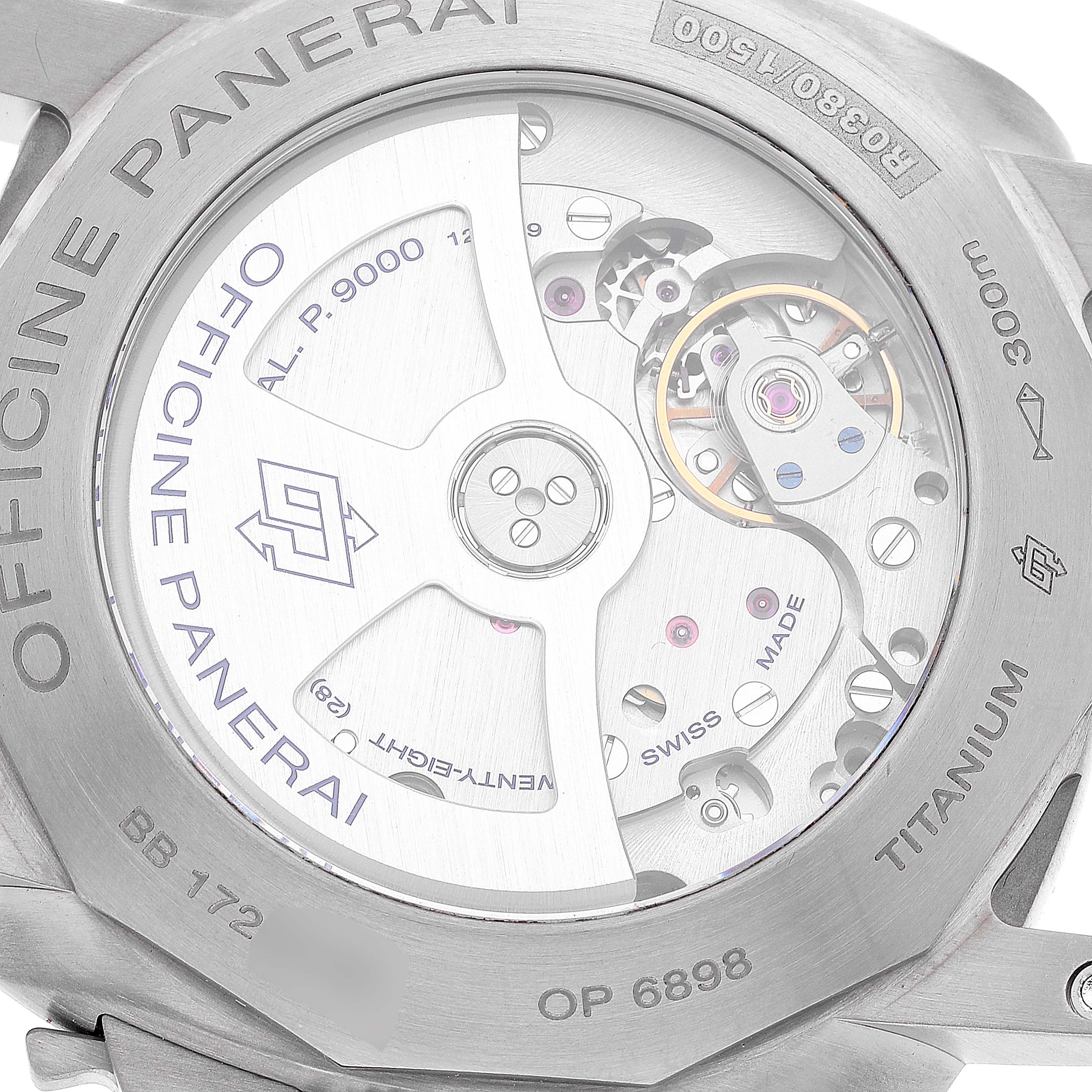 This image shows the rear view of the Panerai Luminor PAM00351 Men's Titanium Brown Dial PAM00351 Men's Titanium Brown Dial watch, revealing its internal movement and mechanical parts.