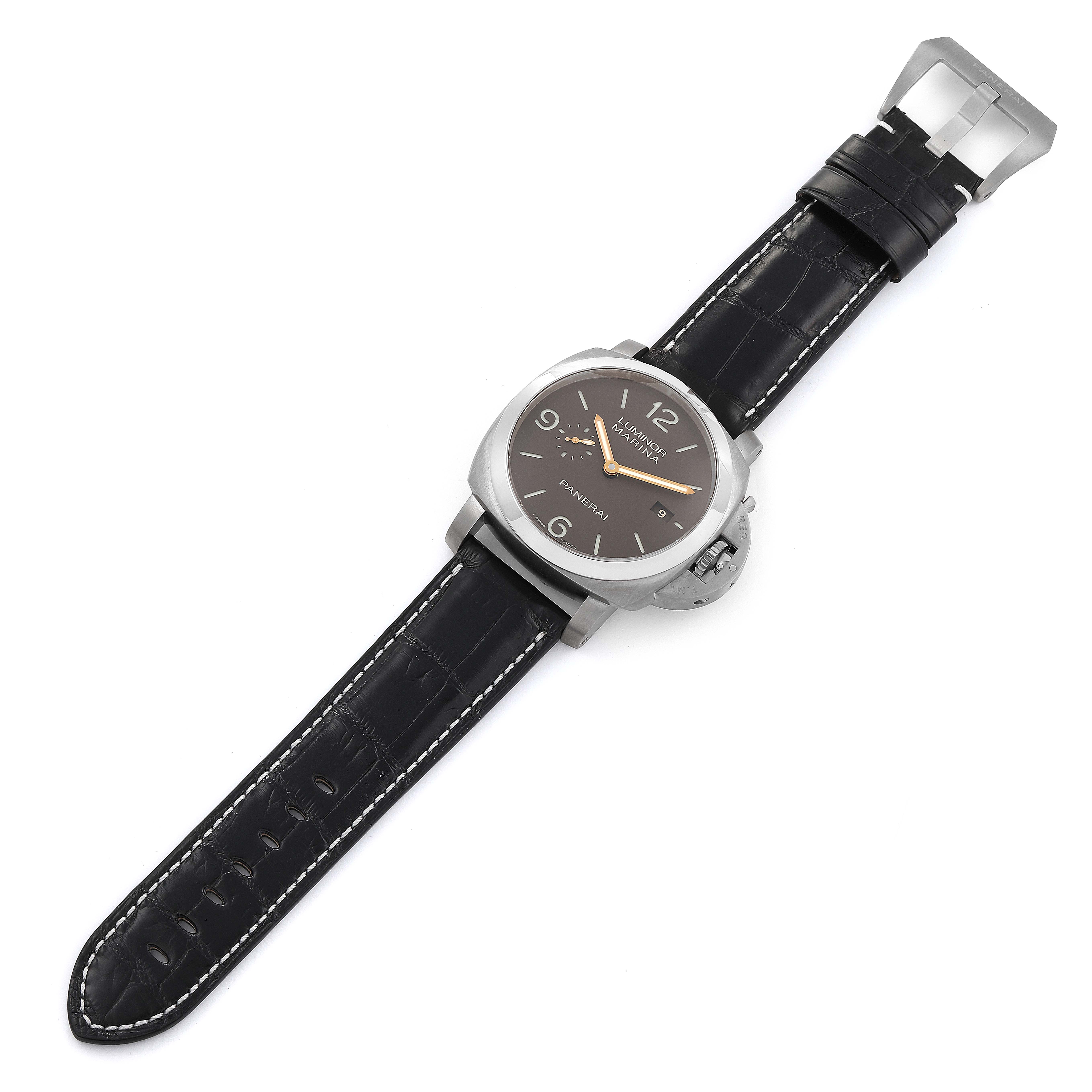 The image shows a top view of a Panerai Luminor PAM00351 Men's Titanium Brown Dial PAM00351 Men's Titanium Brown Dial watch, featuring its black leather strap and detailed face.