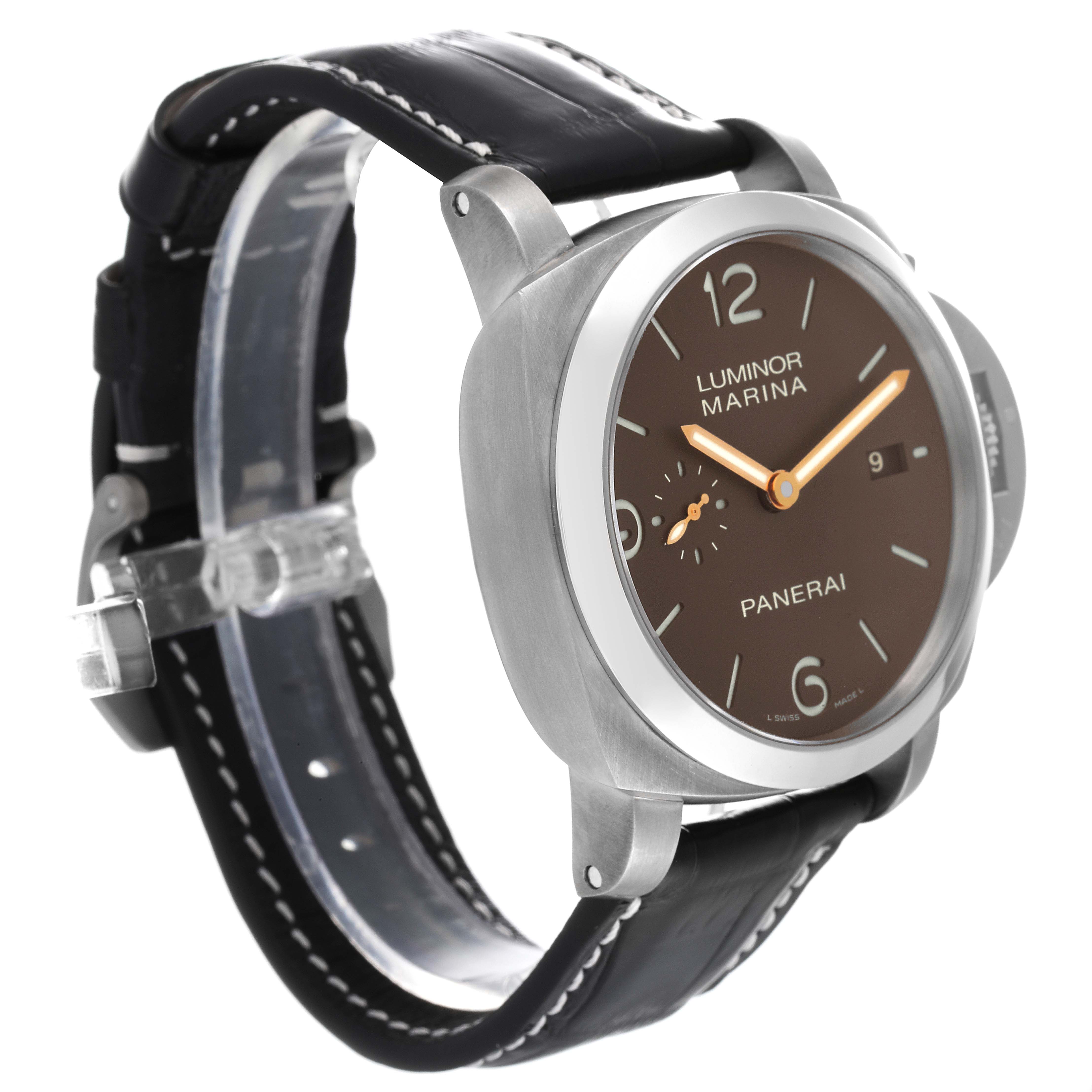 This image shows a side view of a Panerai Luminor PAM00351 Men's Titanium Brown Dial PAM00351 Men's Titanium Brown Dial watch featuring its case, dial, and leather strap.