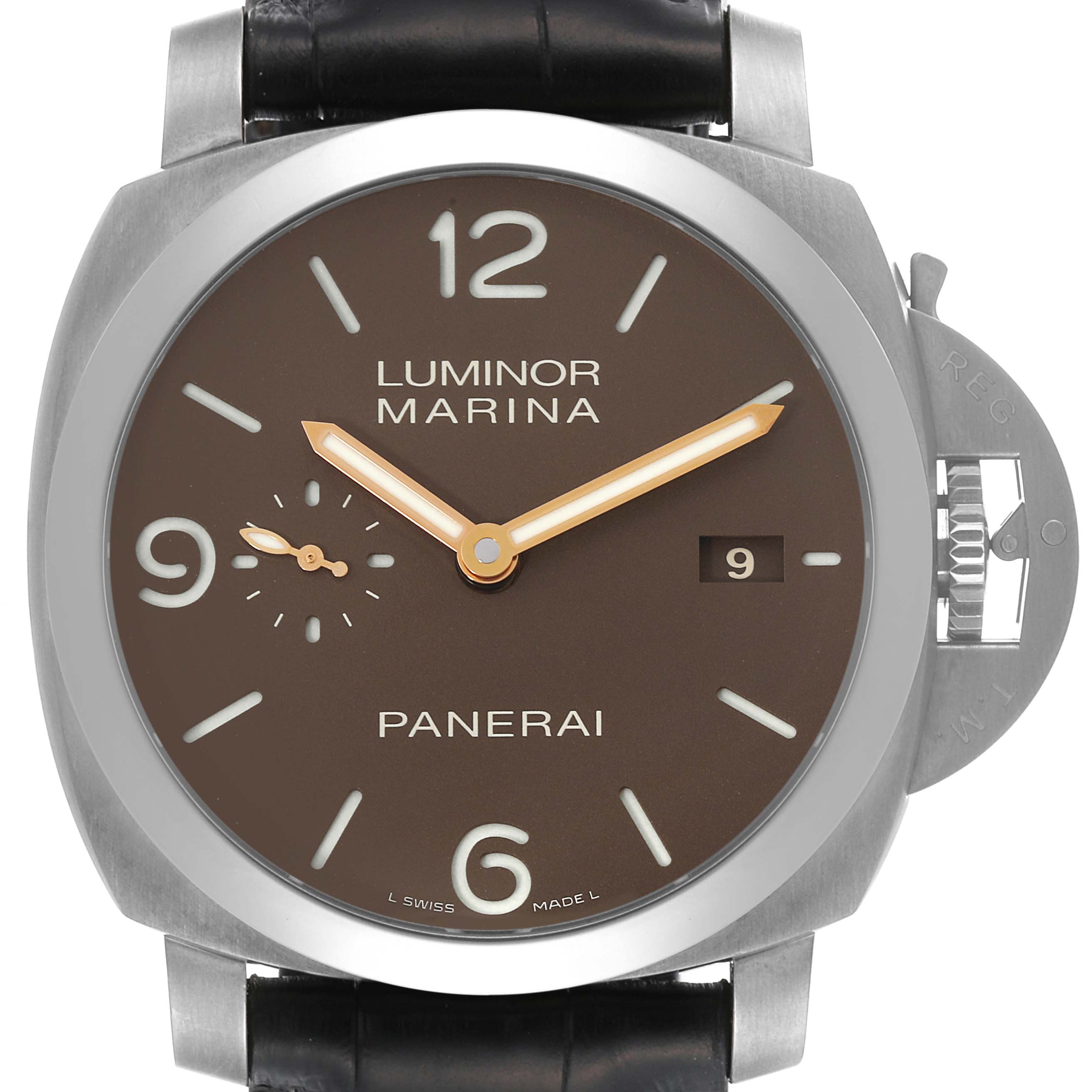The image shows a frontal view of a Panerai Luminor PAM00351 Men's Titanium Brown Dial PAM00351 Men's Titanium Brown Dial Marina watch, highlighting the dial, numerals, hands, date display, and crown guard.