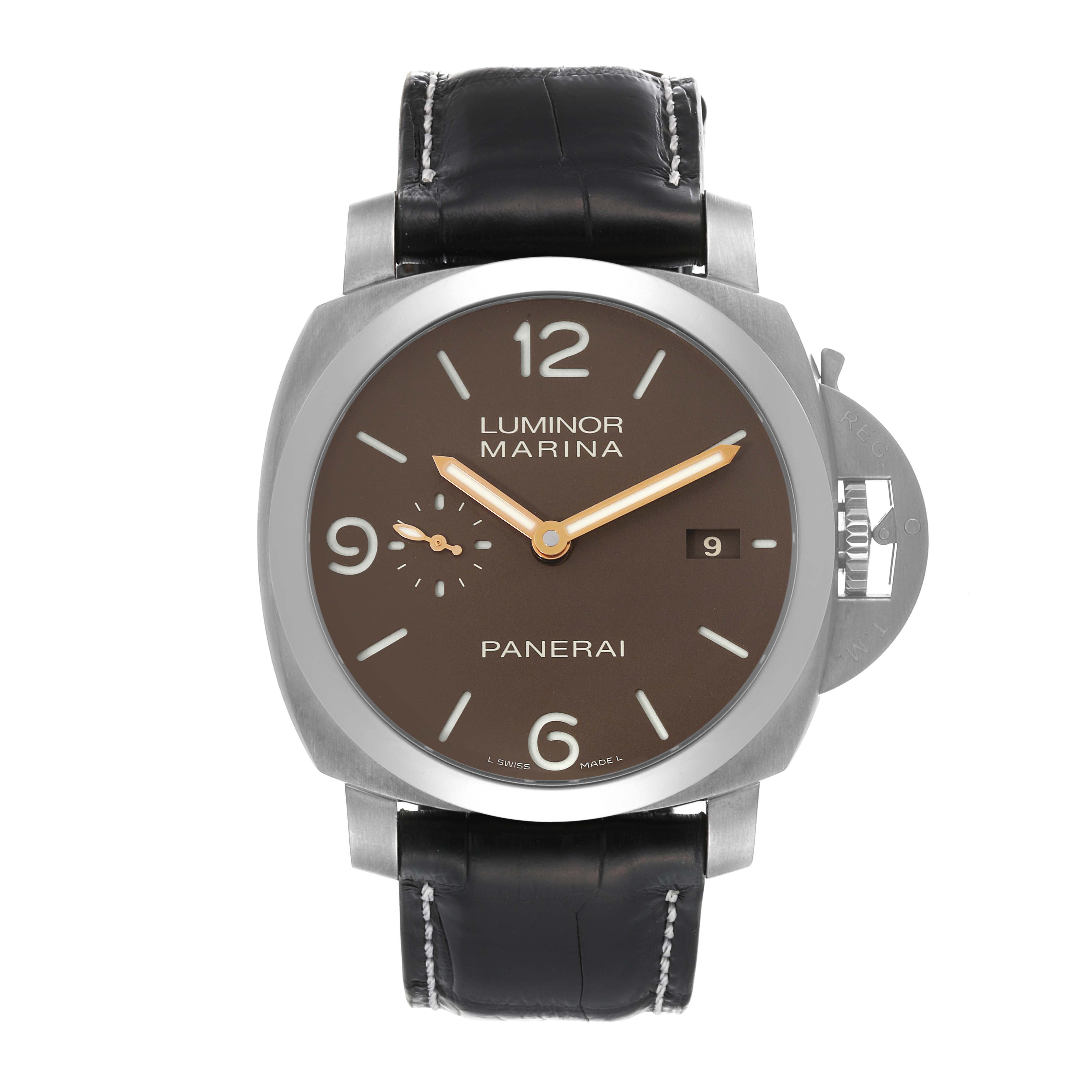 The image shows a front view of a Panerai Luminor PAM00351 Men's Titanium Brown Dial PAM00351 Men's Titanium Brown Dial Marina watch, highlighting the dial, hands, and strap.