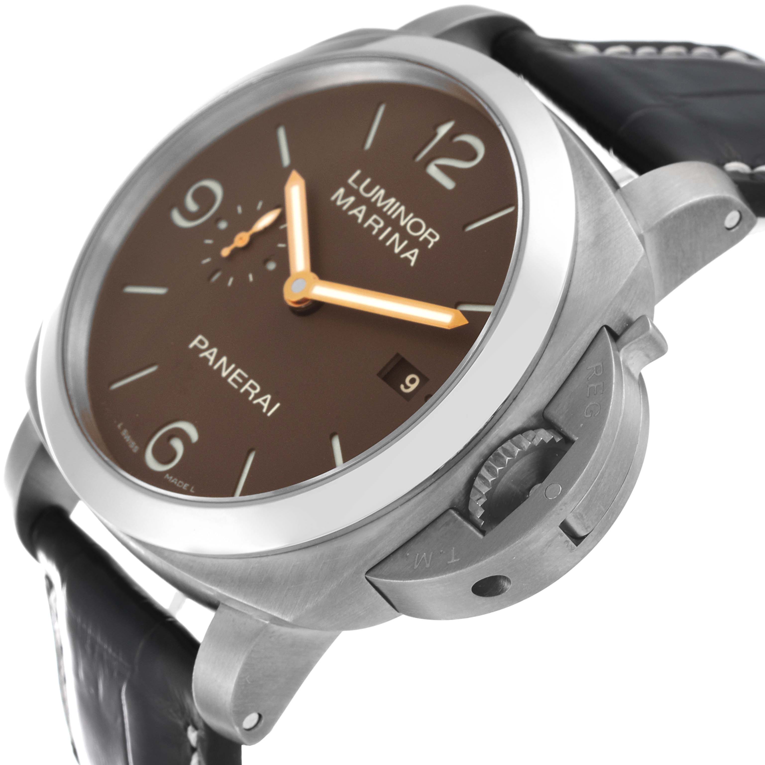 The image shows a Panerai Luminor PAM00351 Men's Titanium Brown Dial PAM00351 Men's Titanium Brown Dial Marina watch from a three-quarter angle, highlighting the brown dial, crown guard, and black leather strap.