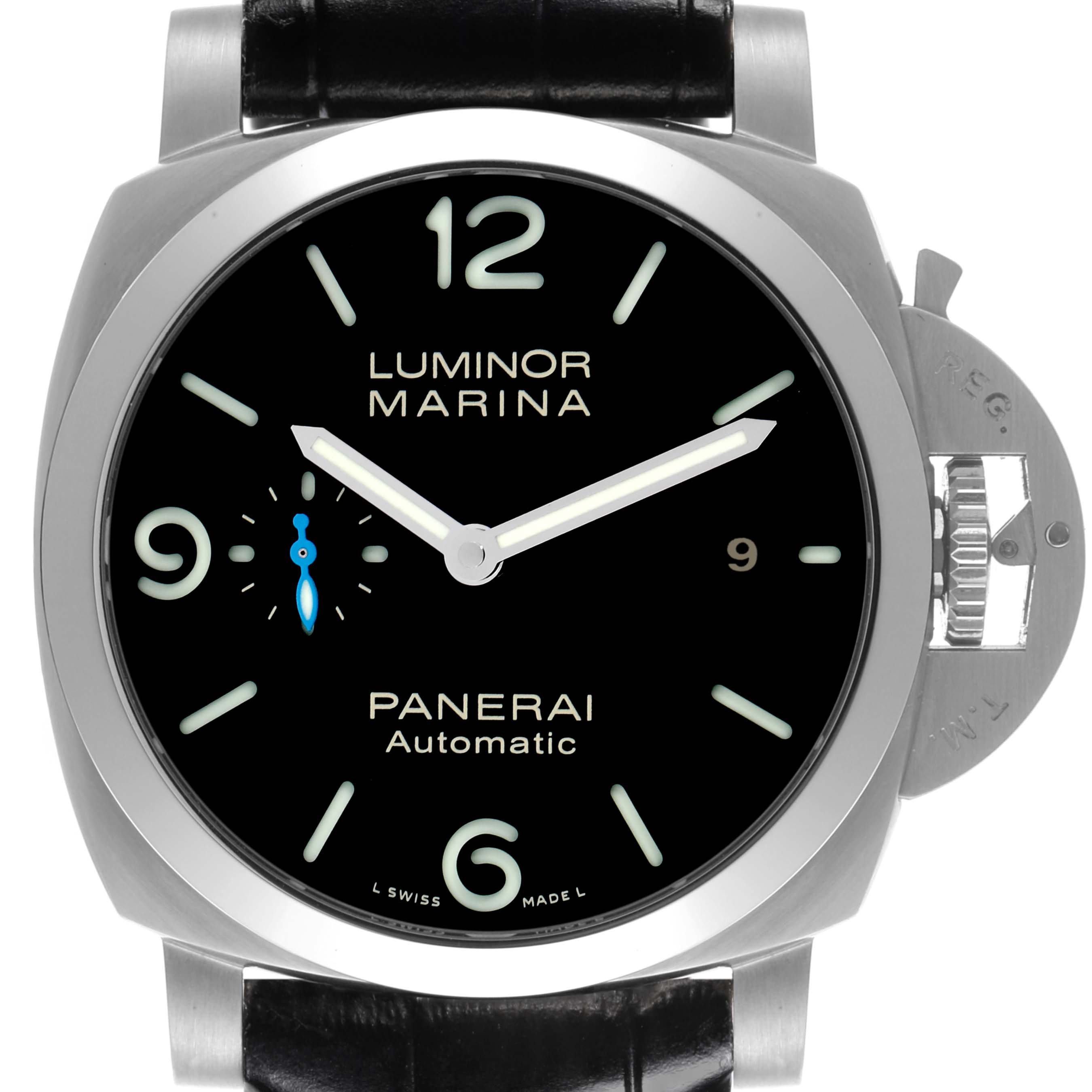 The Panerai Luminor PAM01312 Men's Stainless Steel Black Dial PAM01312 Men's Stainless Steel Black Dial model watch is shown from the front, displaying the dial, crown guard, and leather strap.