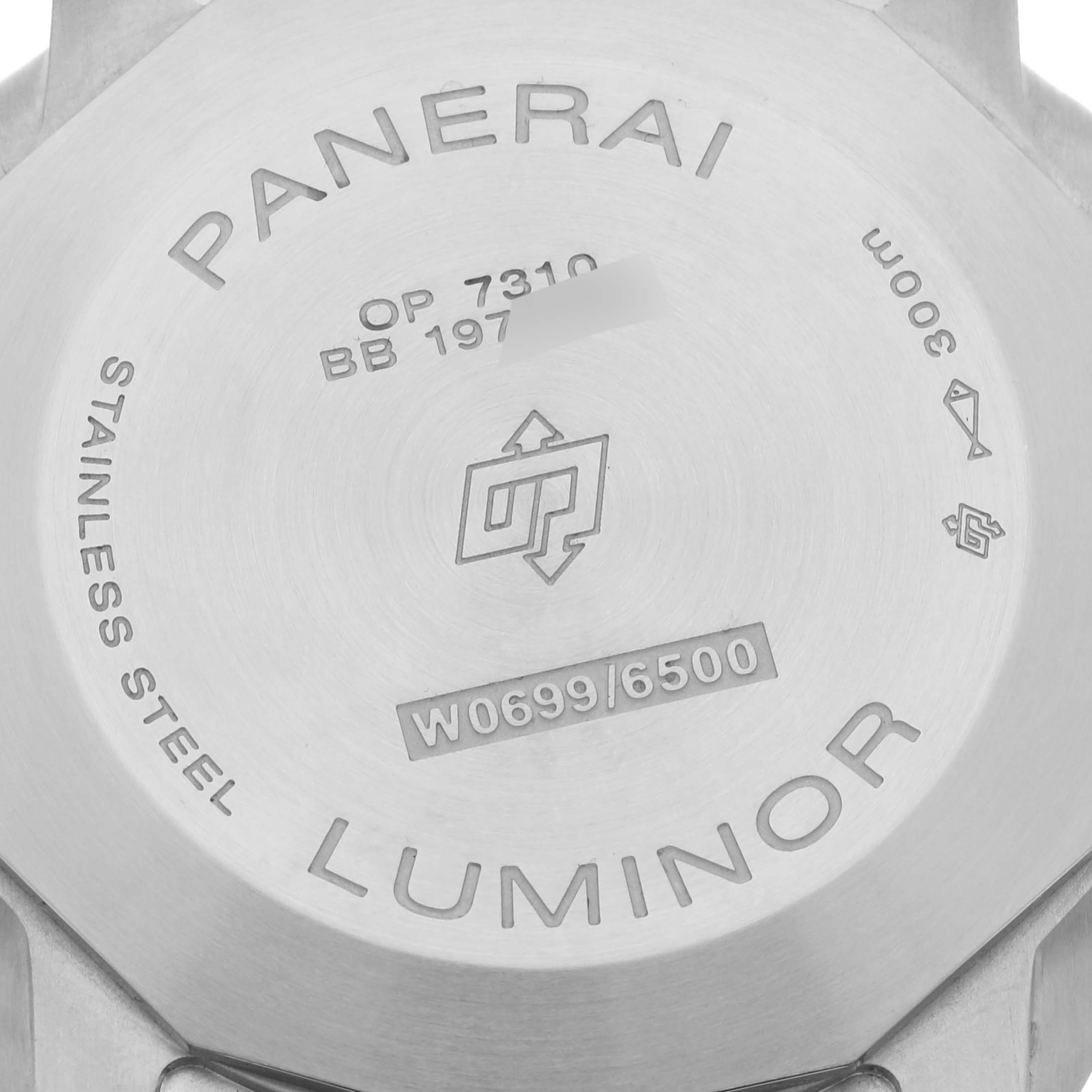 The image shows the case back of a Panerai Luminor PAM01312 Men's Stainless Steel Black Dial PAM01312 Men's Stainless Steel Black Dial watch featuring model details and materials.