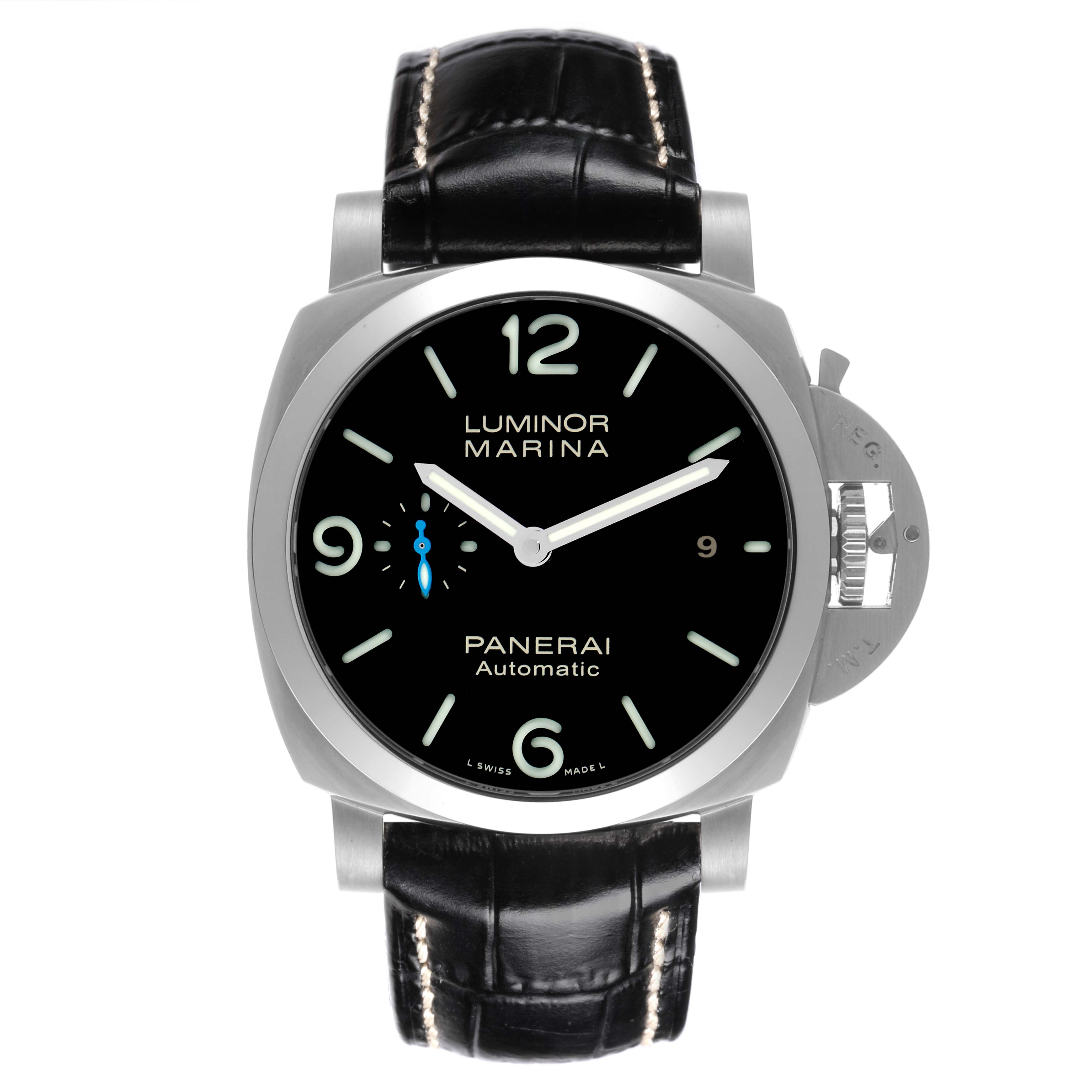 The image shows a front view of the Panerai Luminor PAM01312 Men's Stainless Steel Black Dial PAM01312 Men's Stainless Steel Black Dial watch, displaying its black dial, luminescent markers, and crown guard.
