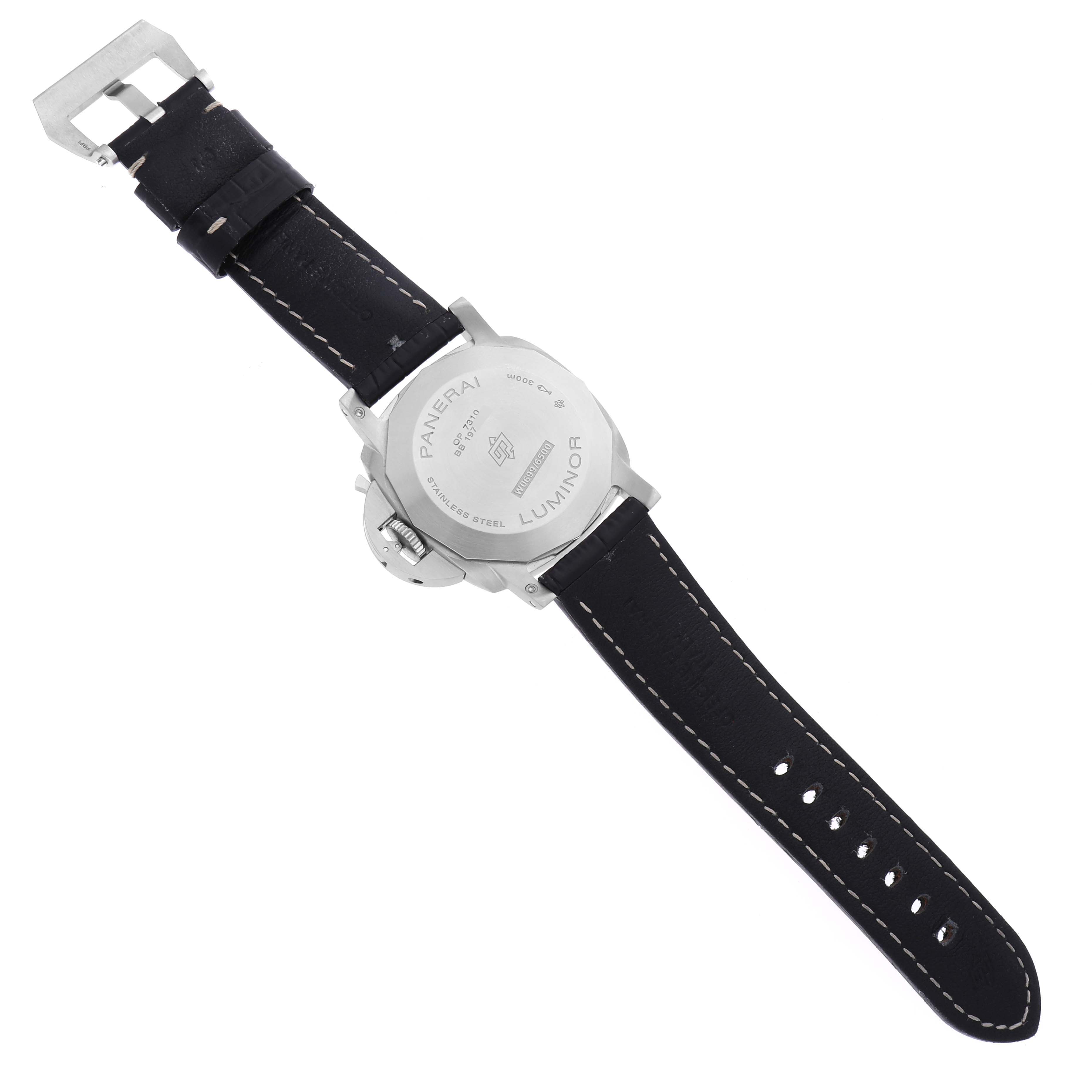 The Panerai Luminor PAM01312 Men's Stainless Steel Black Dial PAM01312 Men's Stainless Steel Black Dial watch is shown from the back, displaying the case back, buckle, and leather strap.