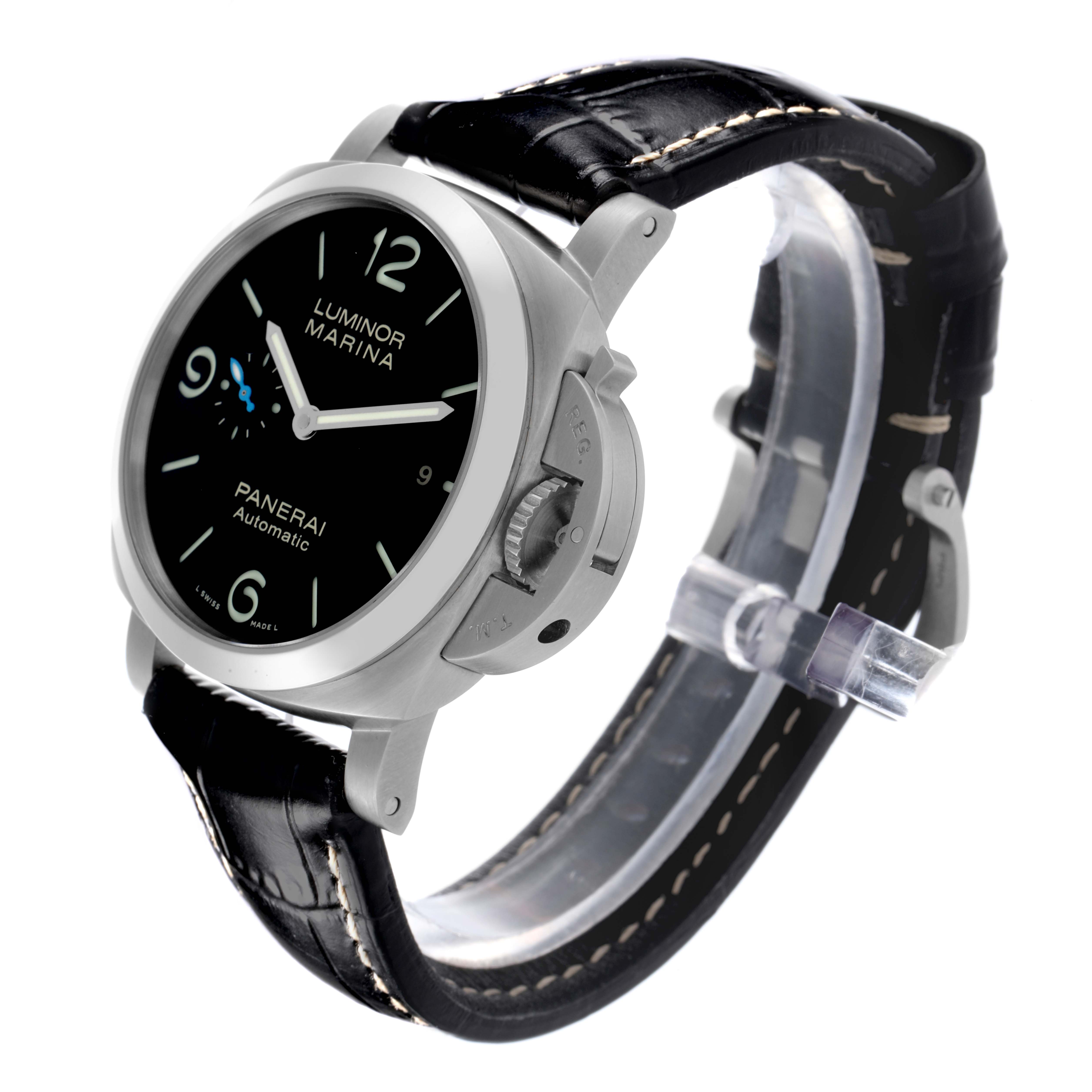 The Panerai Luminor PAM01312 Men's Stainless Steel Black Dial PAM01312 Men's Stainless Steel Black Dial watch is shown at a three-quarter angle, highlighting the dial, crown guard, and black leather strap.