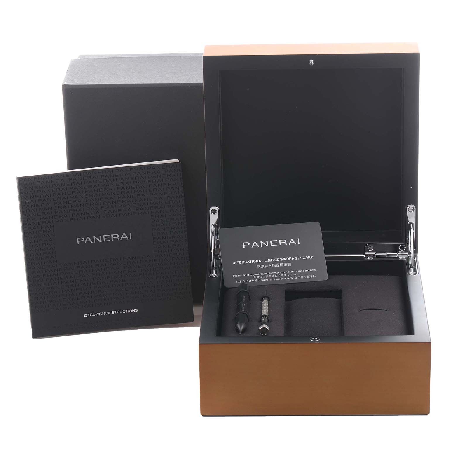 The image shows a Panerai Luminor PAM01312 Men's Stainless Steel Black Dial PAM01312 Men's Stainless Steel Black Dial watch box, warranty card, tools, and instruction booklet.