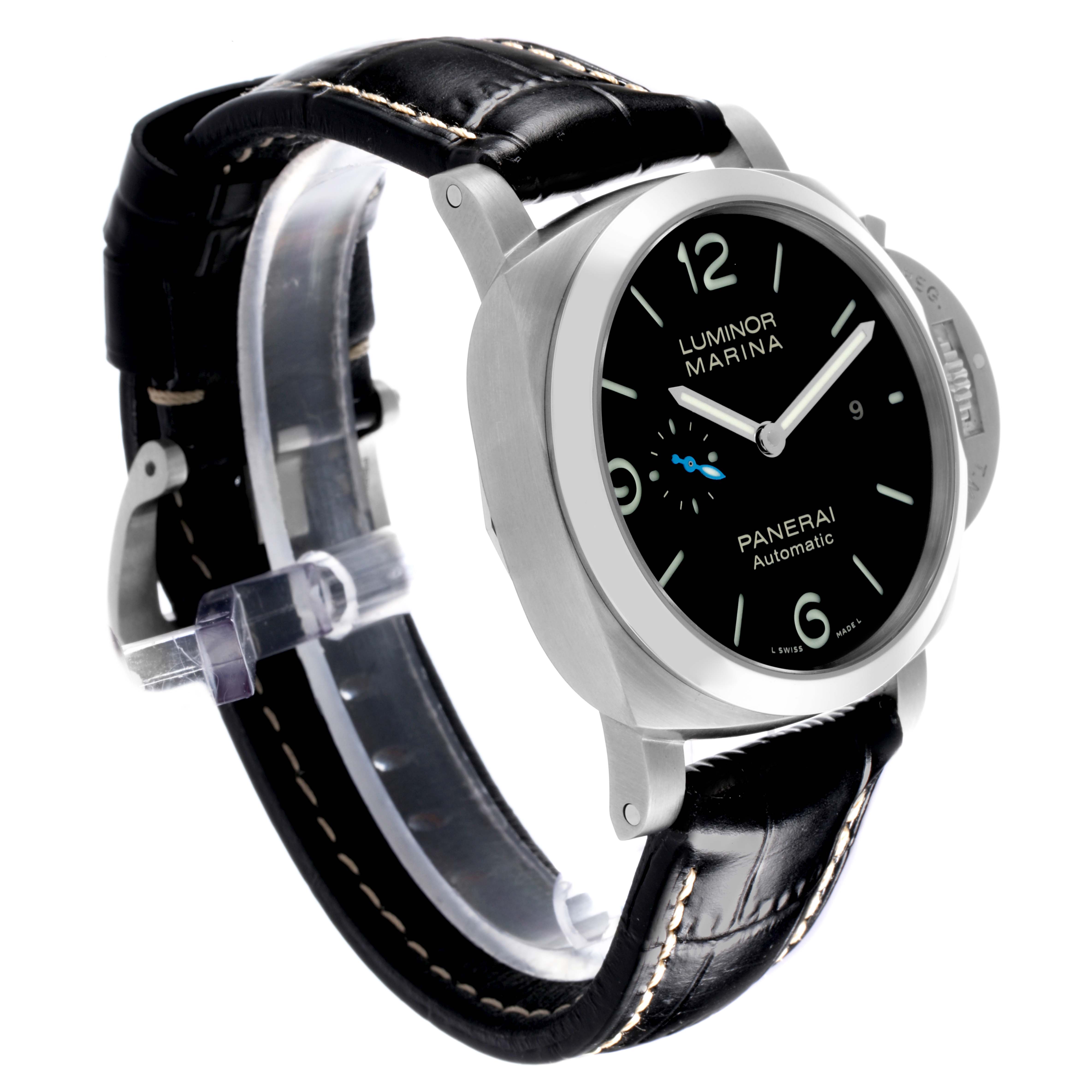 The Panerai Luminor PAM01312 Men's Stainless Steel Black Dial PAM01312 Men's Stainless Steel Black Dial watch is shown at an angle highlighting the face, bezel, crown guard, and part of the leather strap.