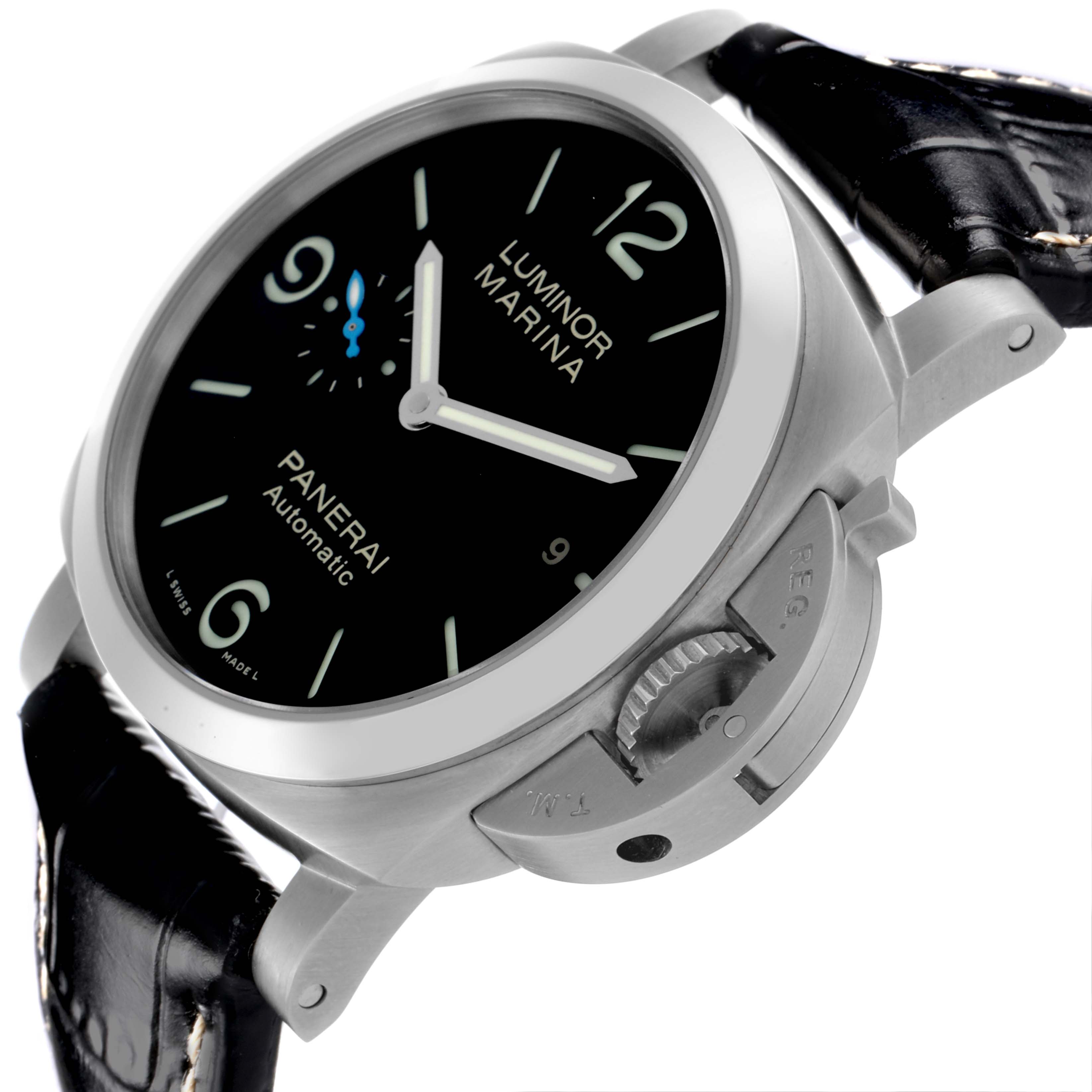 The Panerai Luminor PAM01312 Men's Stainless Steel Black Dial PAM01312 Men's Stainless Steel Black Dial watch is shown at an angle highlighting the crown guard, black dial, and leather strap.