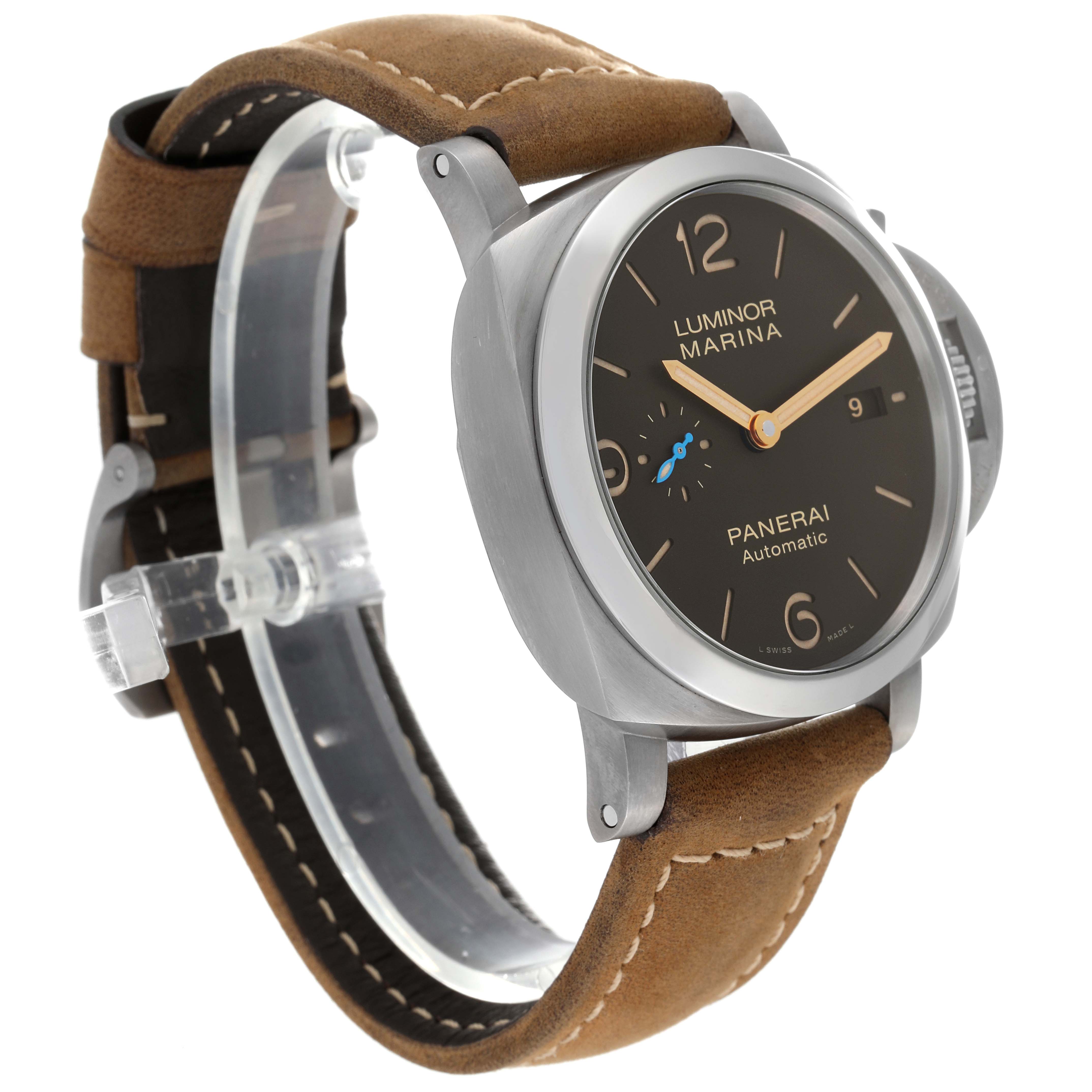 The image shows a side angle of the Panerai Luminor PAM01351 Men
s Titanium Brown Dial PAM01351 Men
s Titanium Brown Dial model, highlighting the watch face, crown guard, and leather strap.