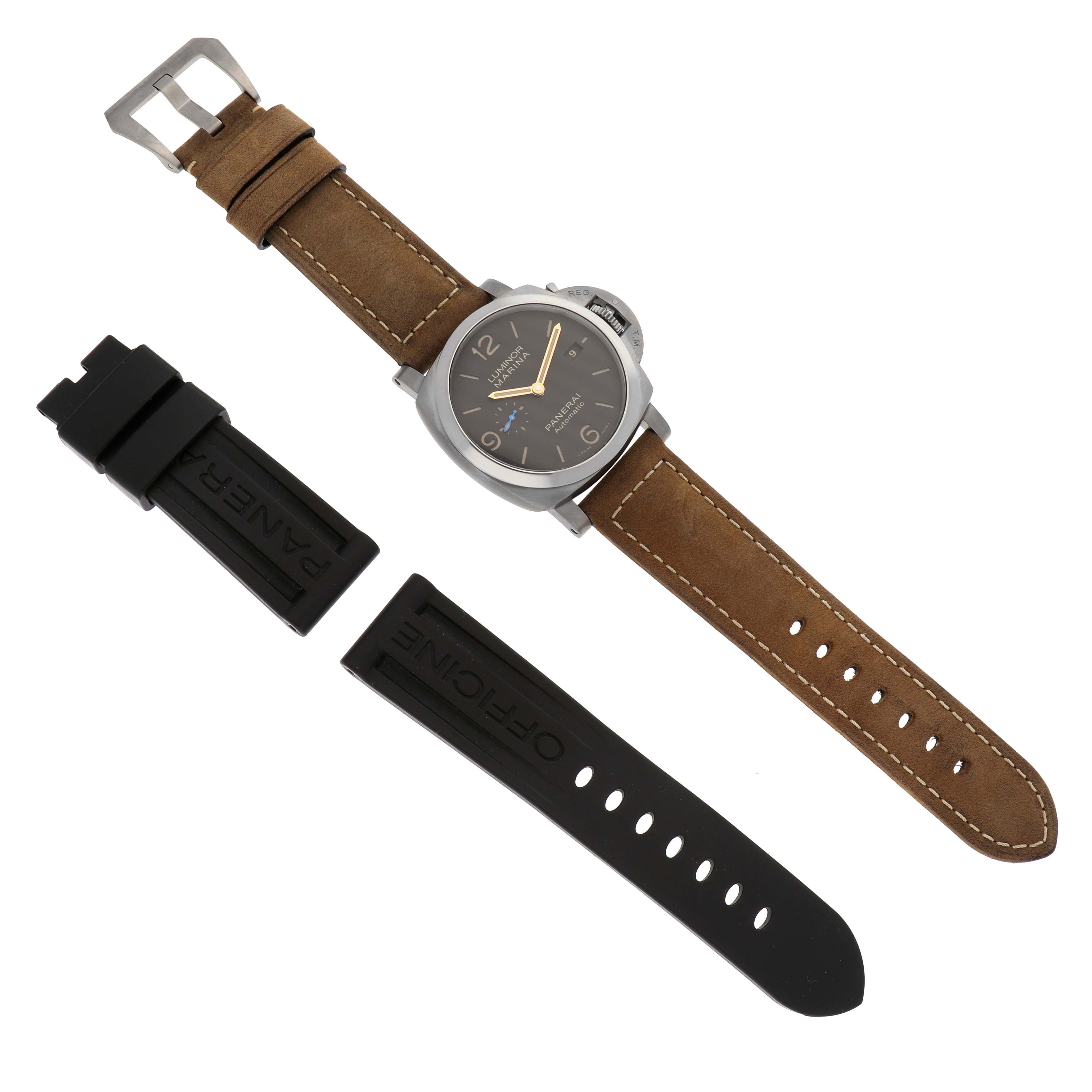 The Panerai Luminor PAM01351 Men
s Titanium Brown Dial PAM01351 Men
s Titanium Brown Dial watch is shown from a top-down angle with a brown leather strap and an additional black rubber strap beside it.