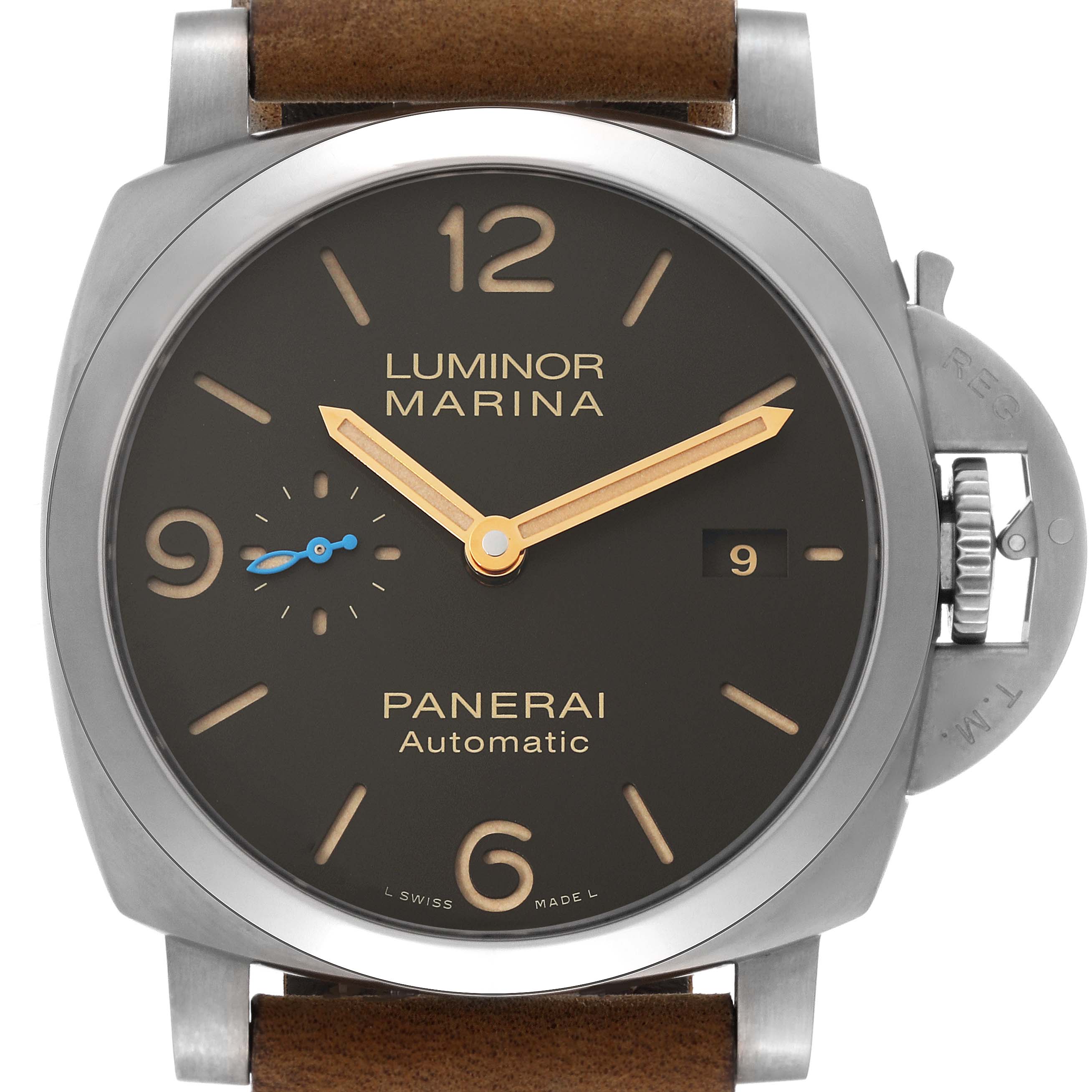 The image shows a front view of a Panerai Luminor PAM01351 Men
s Titanium Brown Dial PAM01351 Men
s Titanium Brown Dial Marina watch, displaying the dial, case, crown protector, and leather strap.