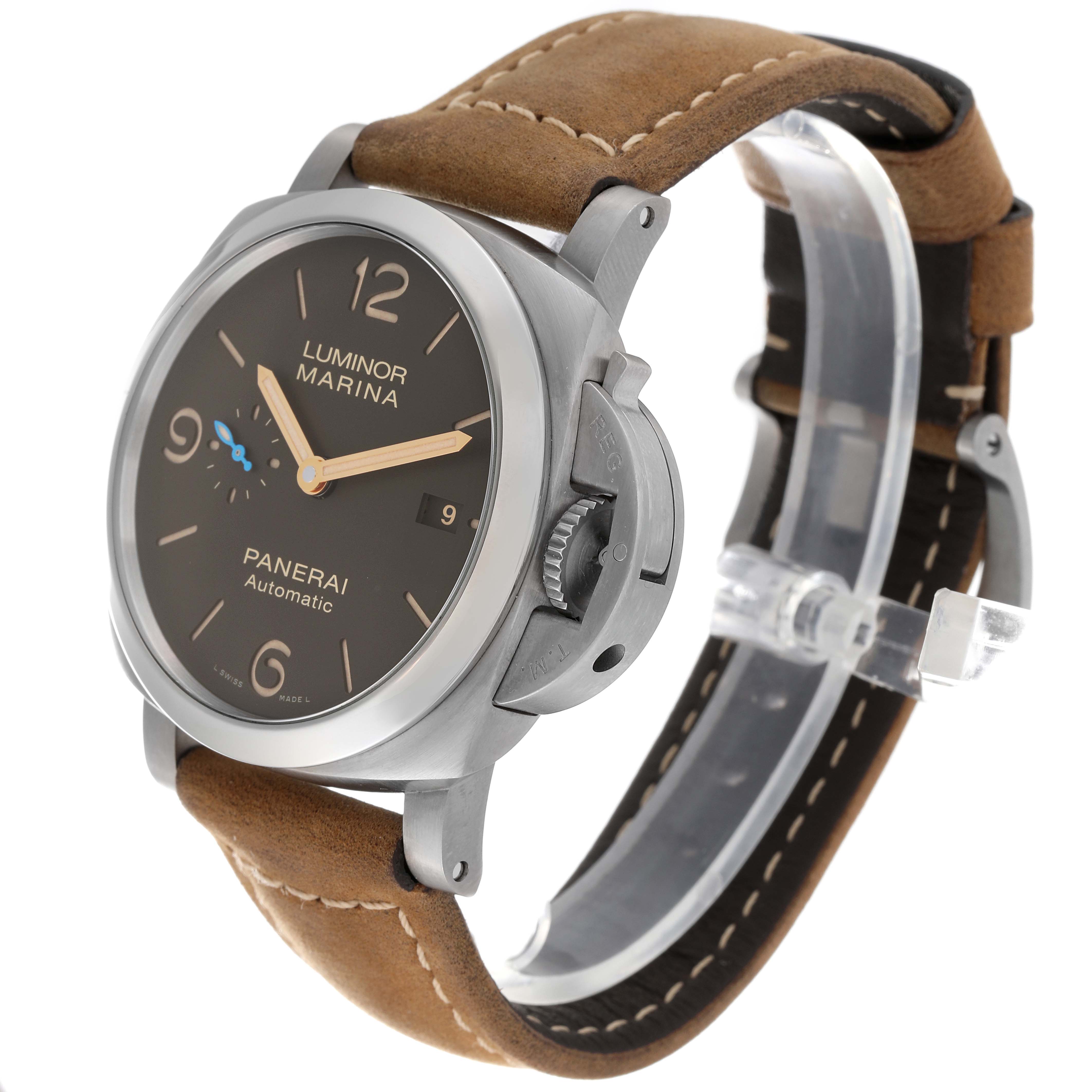 The Luminor model by Panerai is shown at a three-quarter angle, highlighting the face, case, and brown leather strap.