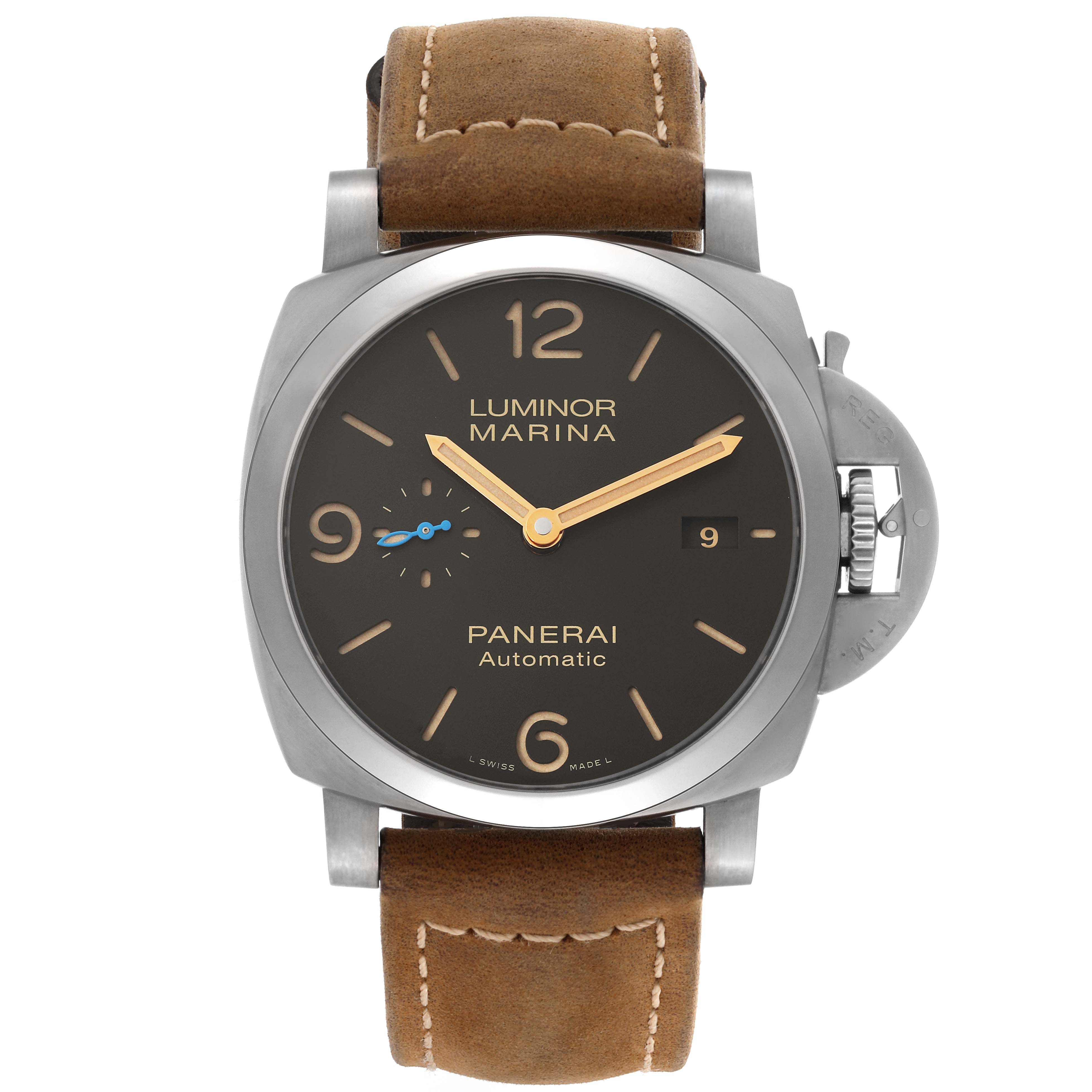 The Panerai Luminor PAM01351 Men
s Titanium Brown Dial PAM01351 Men
s Titanium Brown Dial Marina watch is shown from the front, featuring its dial, brown leather strap, and crown guard.
