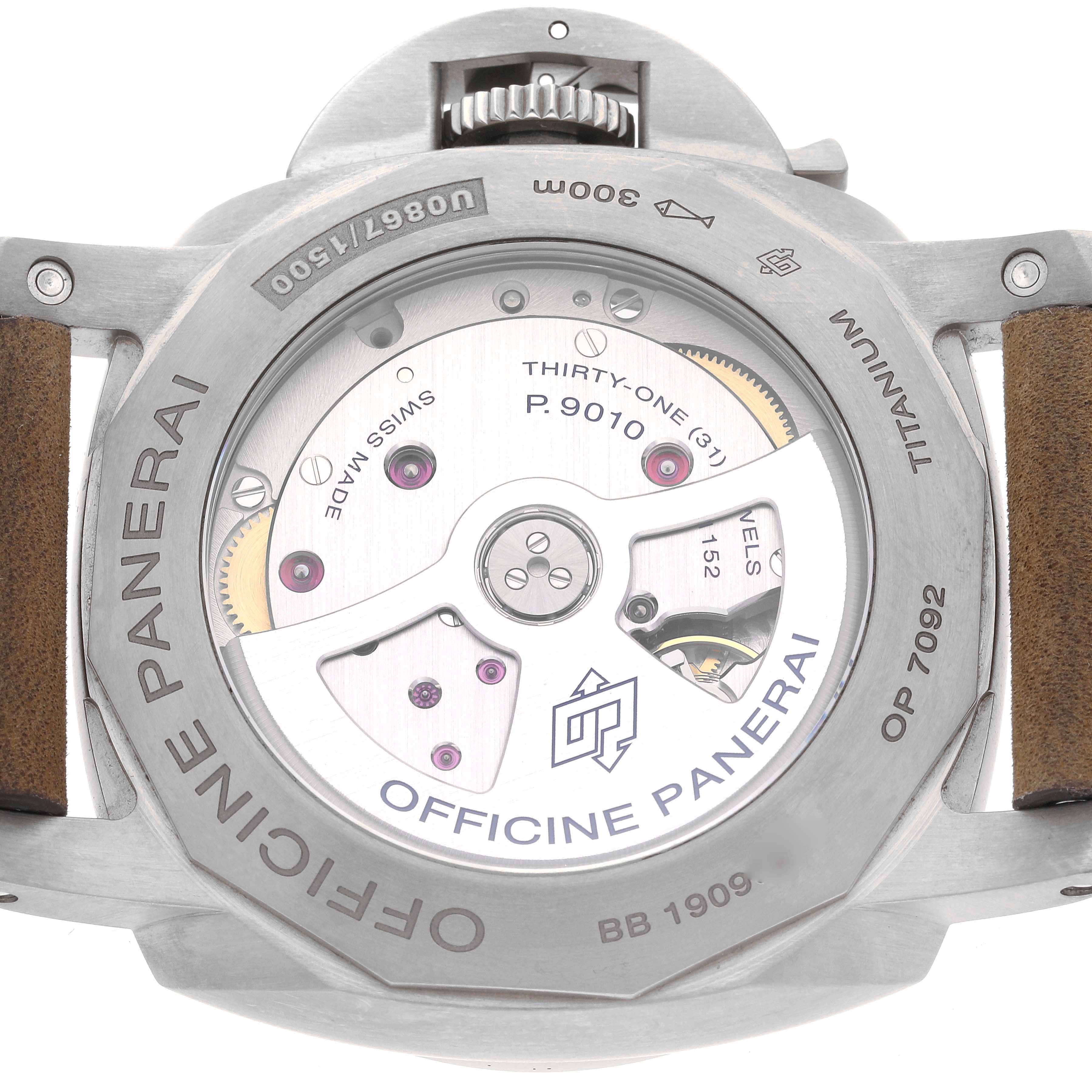 The image shows the back case and movement mechanism of the Panerai Luminor PAM01351 Men
s Titanium Brown Dial PAM01351 Men
s Titanium Brown Dial watch model.