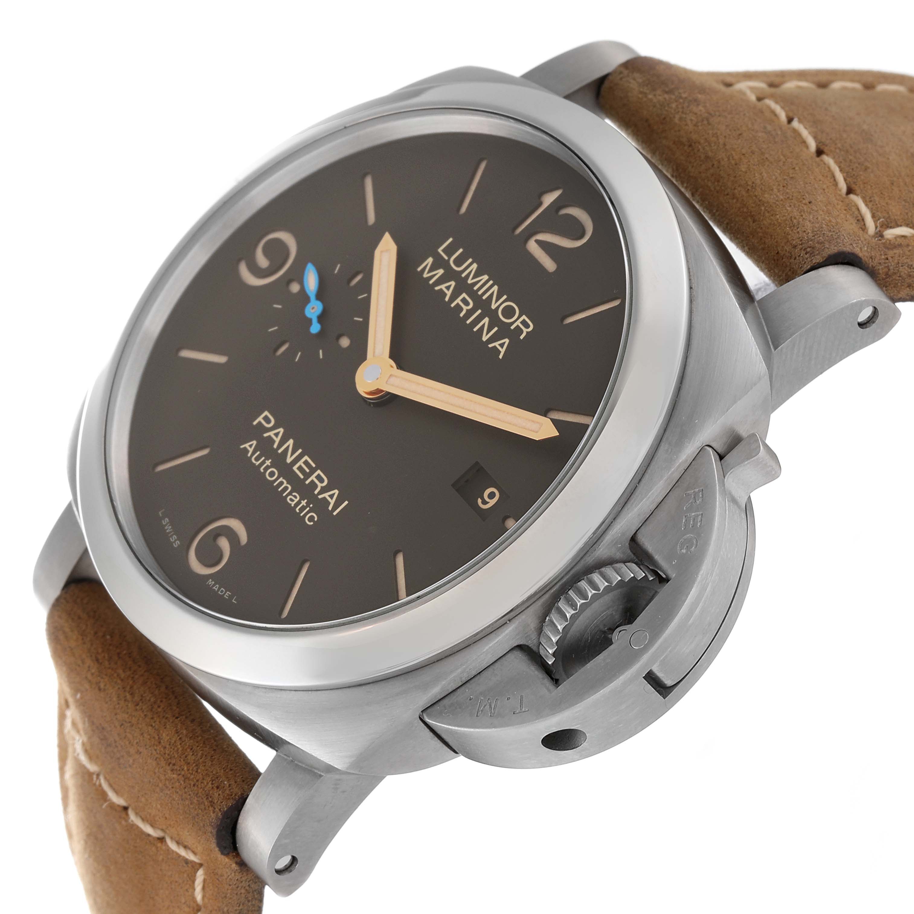 This is an angled view of the Panerai Luminor PAM01351 Men
s Titanium Brown Dial PAM01351 Men
s Titanium Brown Dial Marina watch, showing the dial, crown guard, and leather strap.