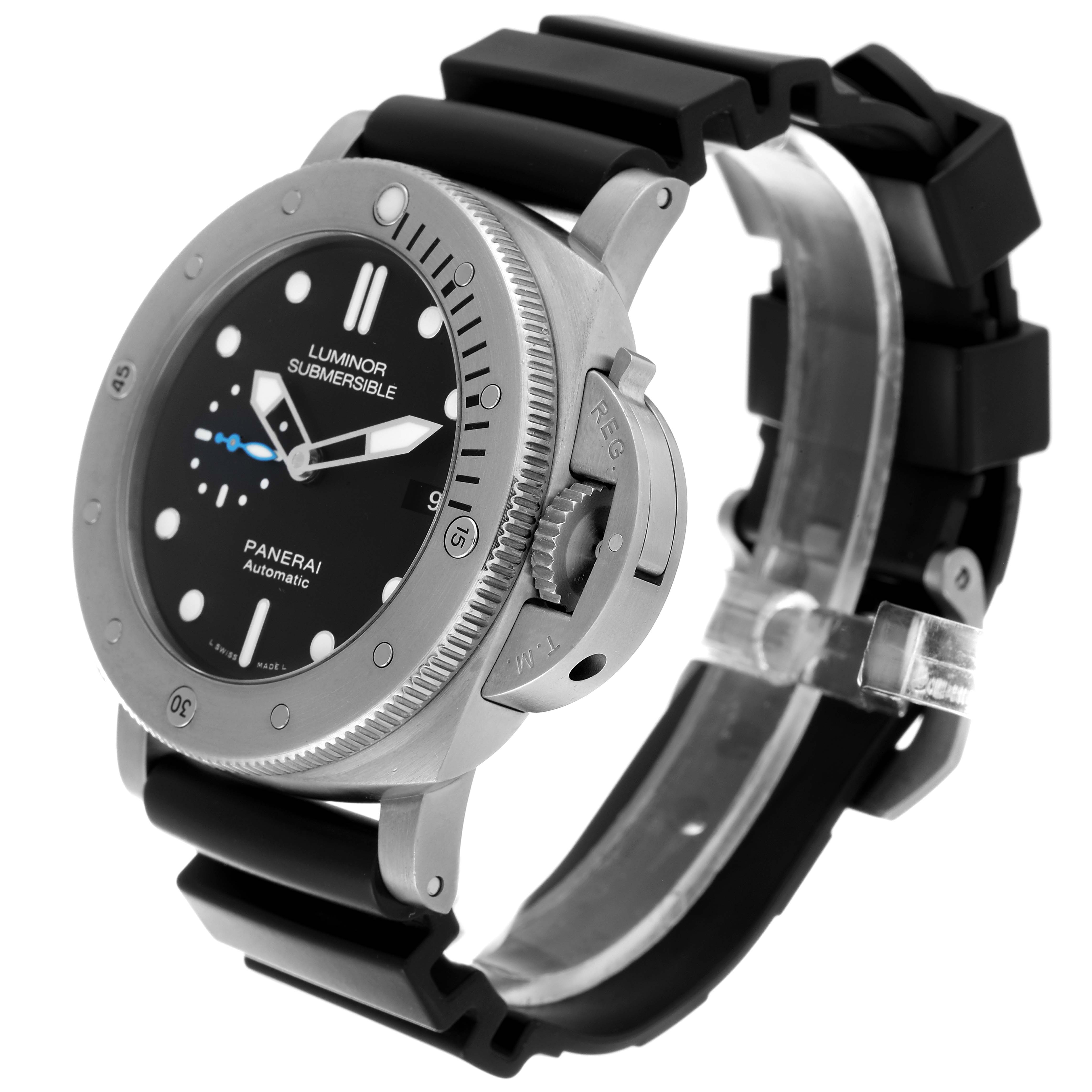 The image shows a side angle of the Panerai Luminor PAM01305 Men
s Titanium Black Dial PAM01305 Men
s Titanium Black Dial Submersible, highlighting its face, bezel, and strap.