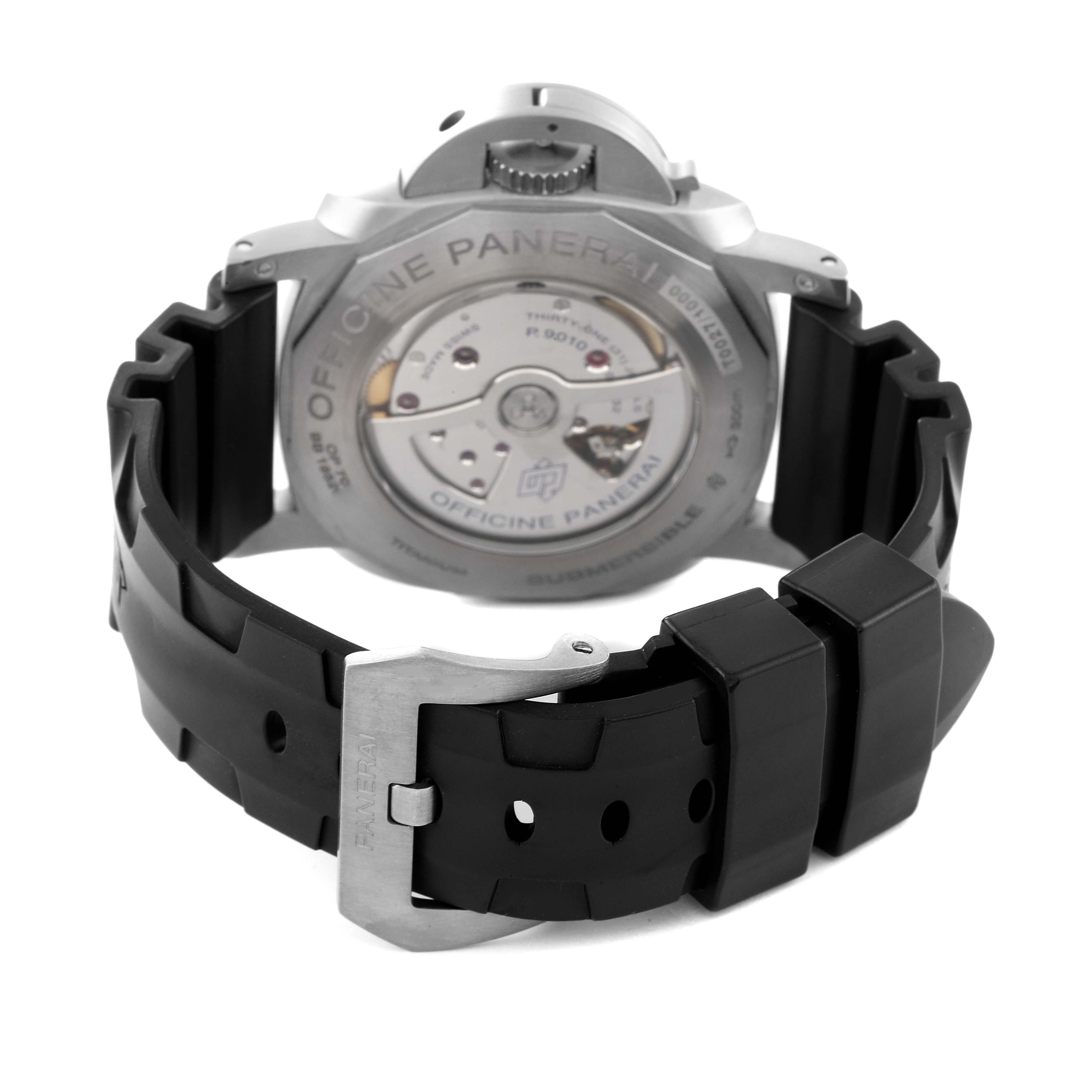 This image shows the back view of a Panerai Luminor PAM01305 Men
s Titanium Black Dial PAM01305 Men
s Titanium Black Dial watch, highlighting the exhibition case back and the black rubber strap with a buckle clasp.