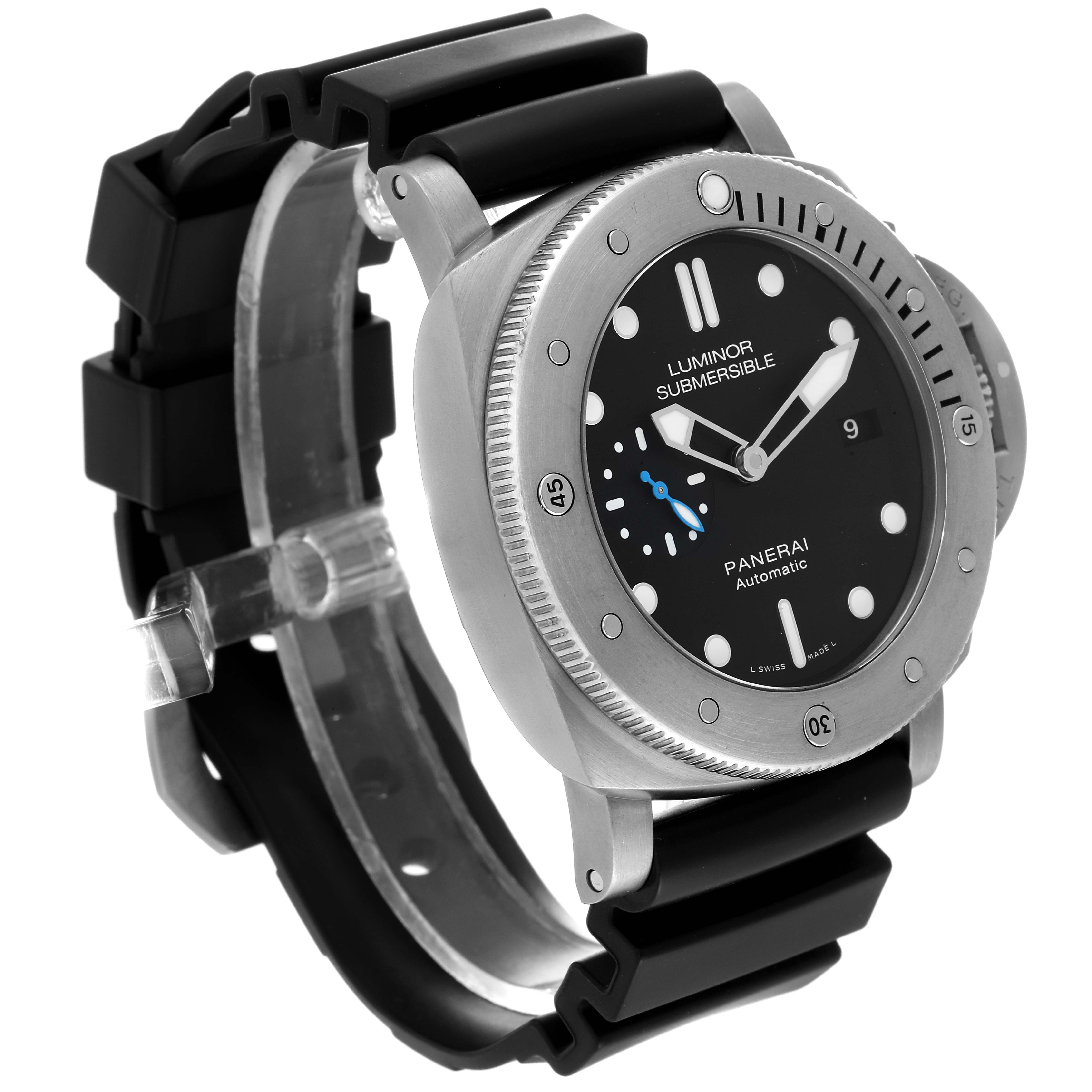 The image shows a Panerai Luminor PAM01305 Men
s Titanium Black Dial PAM01305 Men
s Titanium Black Dial model watch from a front-side angle, highlighting its bezel, dial, and rubber strap.