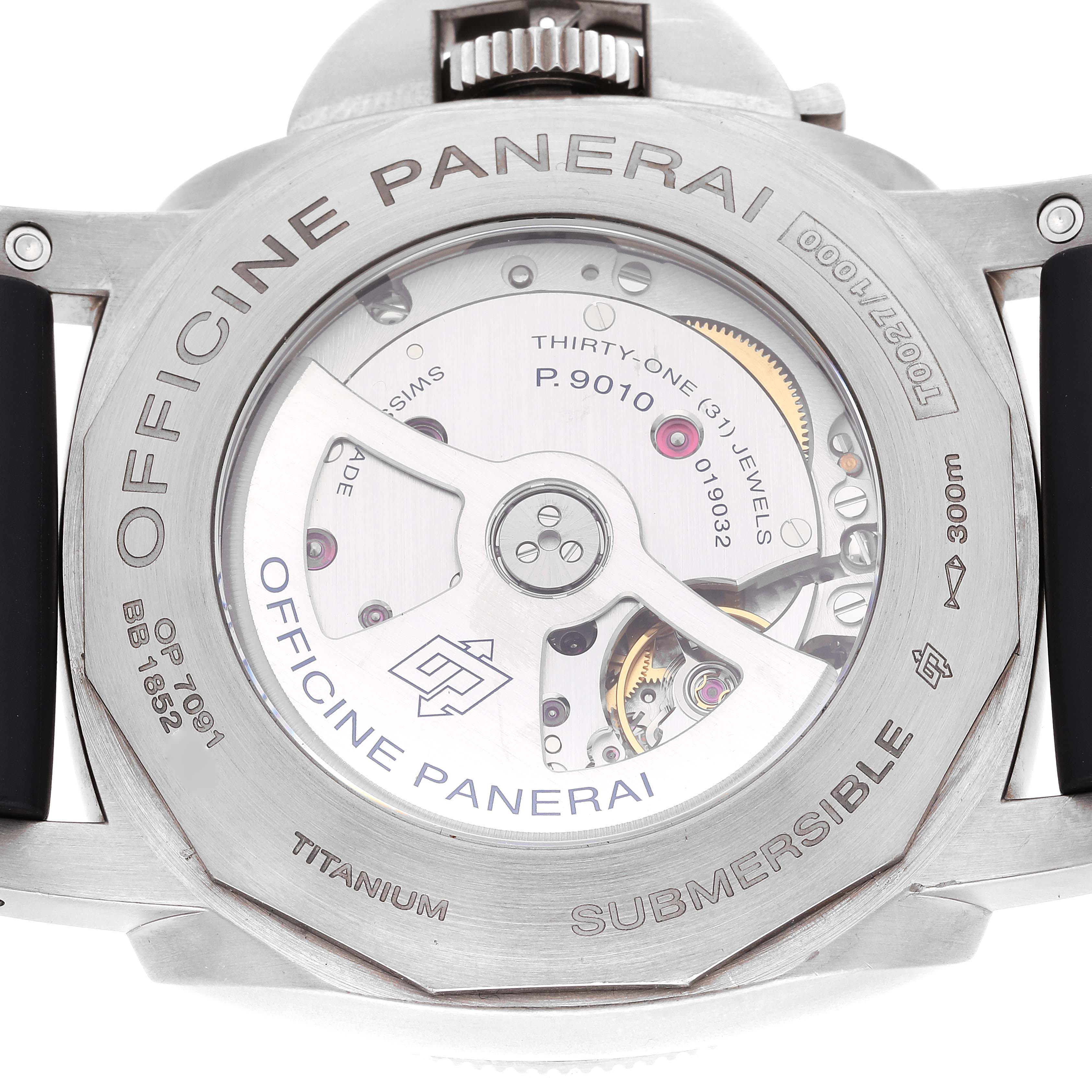 The image shows the back view of a Panerai Luminor PAM01305 Men
s Titanium Black Dial PAM01305 Men
s Titanium Black Dial Submersible watch, highlighting its movement and titanium casing.