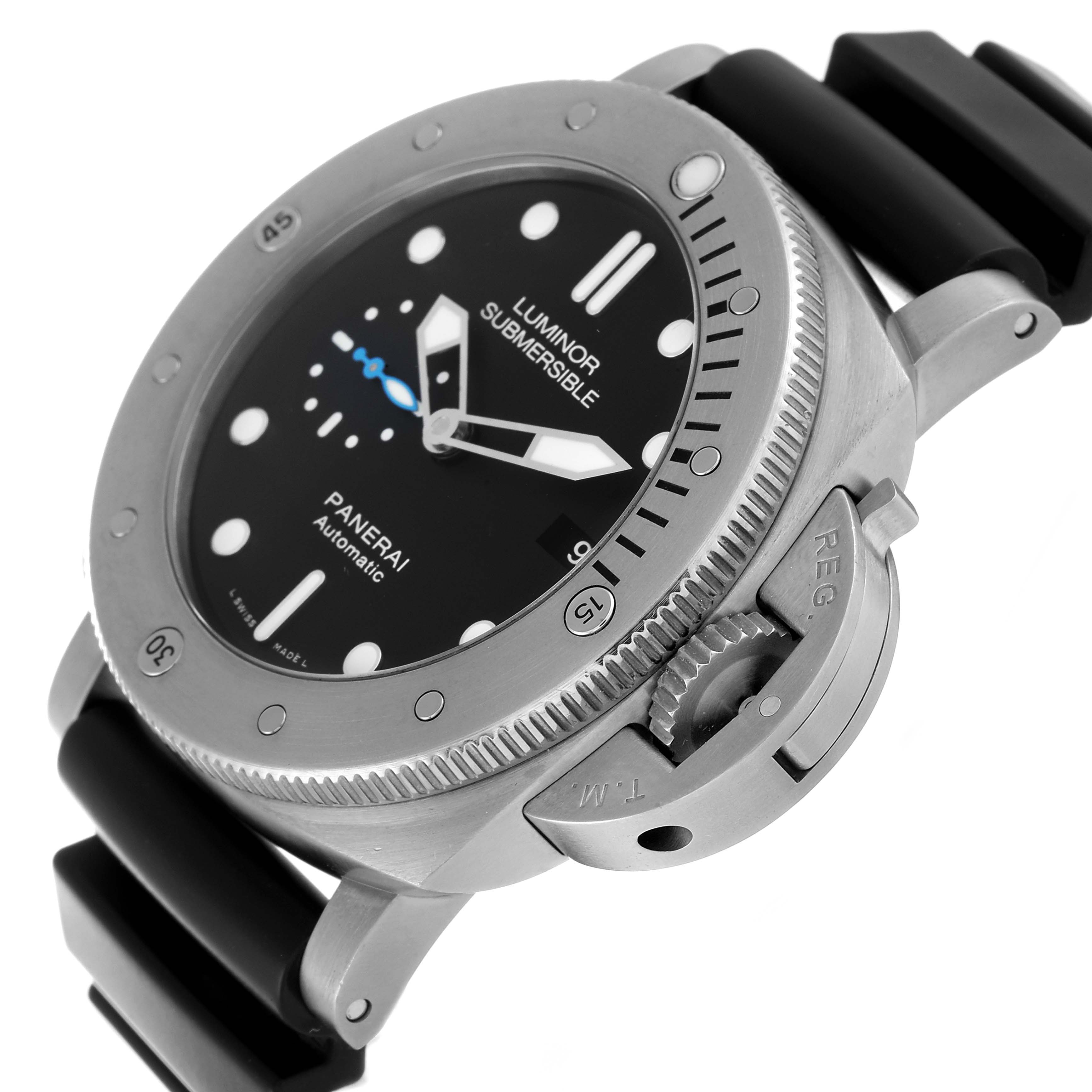 This image shows a close-up angle of the Panerai Luminor PAM01305 Men
s Titanium Black Dial PAM01305 Men
s Titanium Black Dial Submersible watch, highlighting the bezel, dial, and crown guard.