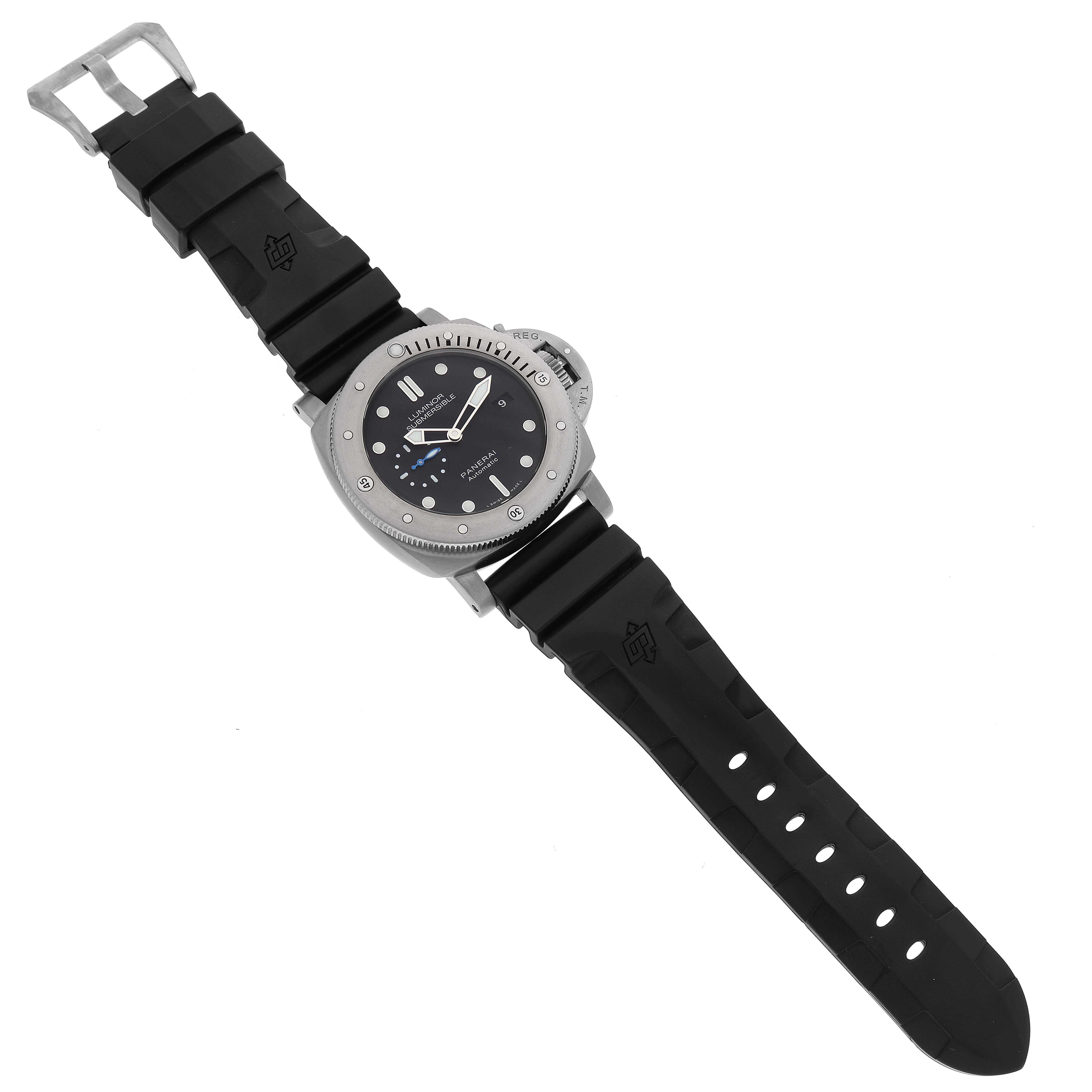 The image shows a Panerai Luminor PAM01305 Men
s Titanium Black Dial PAM01305 Men
s Titanium Black Dial watch from a top-down angle, highlighting the face, bezel, crown guard, and black rubber strap.