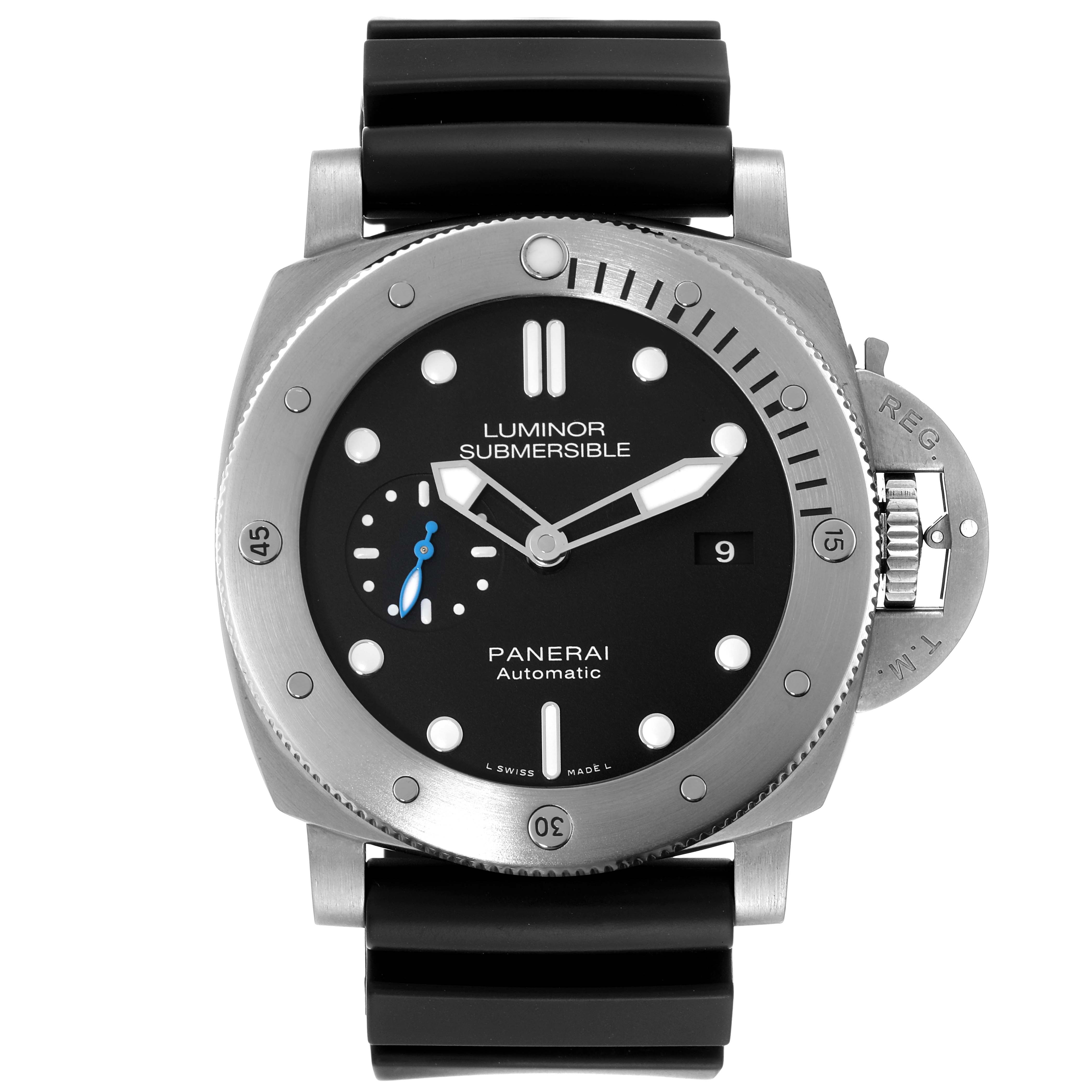 The image shows a frontal view of the Panerai Luminor PAM01305 Men
s Titanium Black Dial PAM01305 Men
s Titanium Black Dial Submersible watch, highlighting the dial, bezel, and strap.