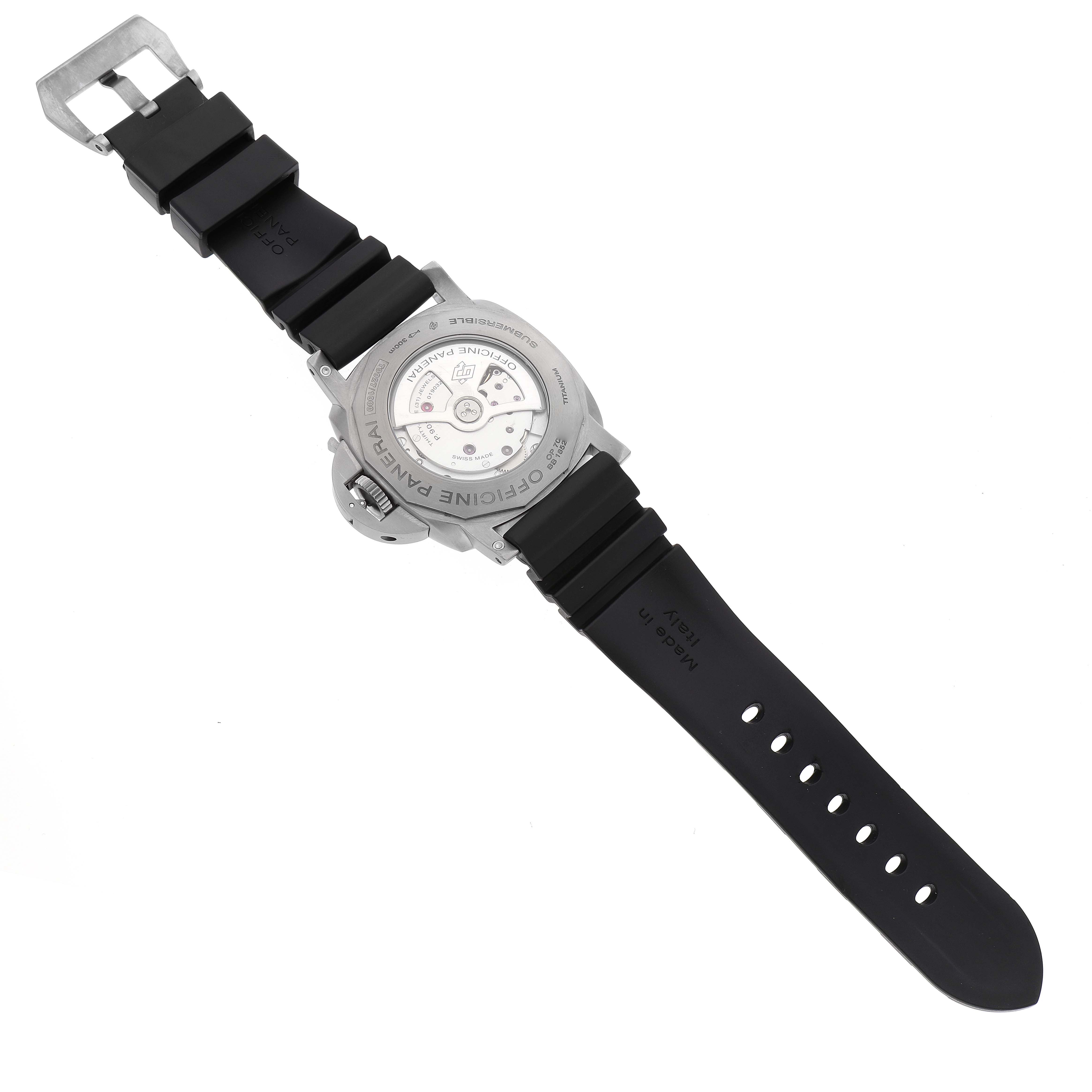 The image shows the backside of a Panerai Luminor PAM01305 Men
s Titanium Black Dial PAM01305 Men
s Titanium Black Dial watch, displaying the case back and rubber strap with a buckle.