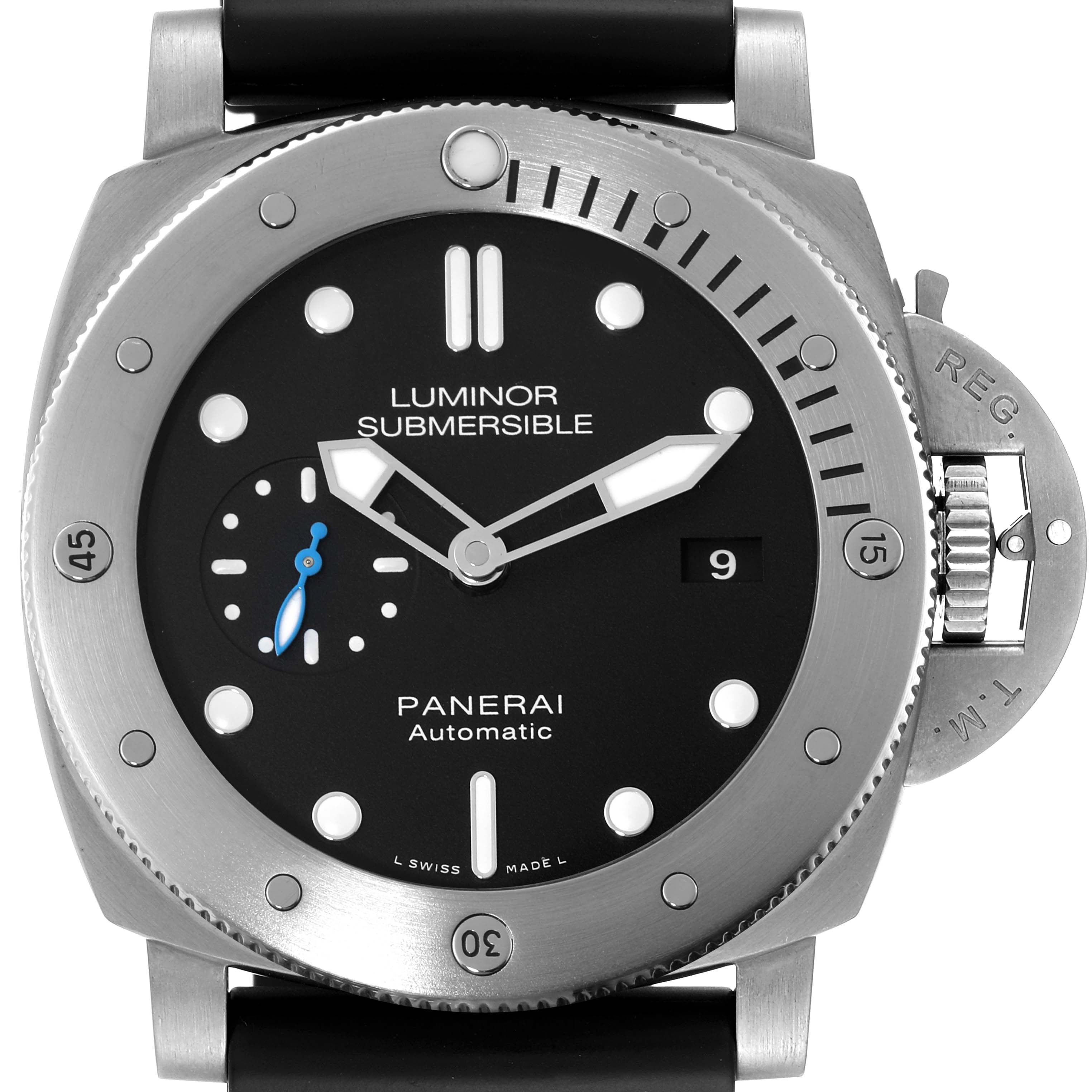 The image shows a front view of the Panerai Luminor PAM01305 Men
s Titanium Black Dial PAM01305 Men
s Titanium Black Dial Submersible watch, highlighting the dial, bezel, and crown guard.